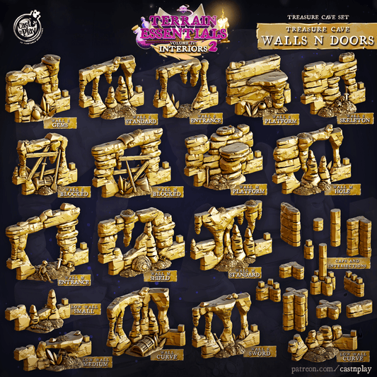 3D Printed Cast n Play Treasure Cave Walls and Doors Set 28mm 32mm D&D - 3D Printing Boss 