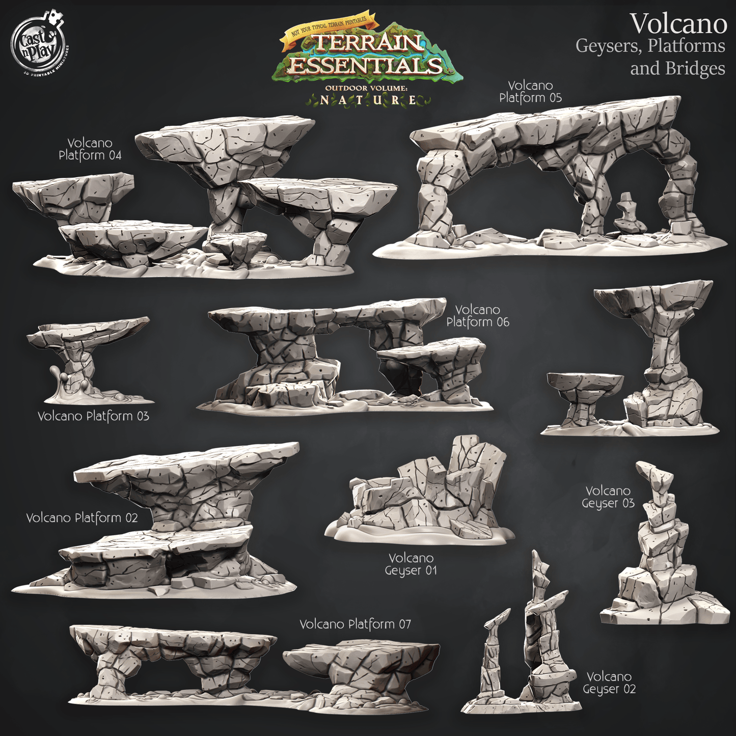 3D Printed Cast n Play Volcano Terrain Geysers, Platforms and Bridges Set Terrain Essentials 28mm 32mm D&D - 3D Printing Boss 