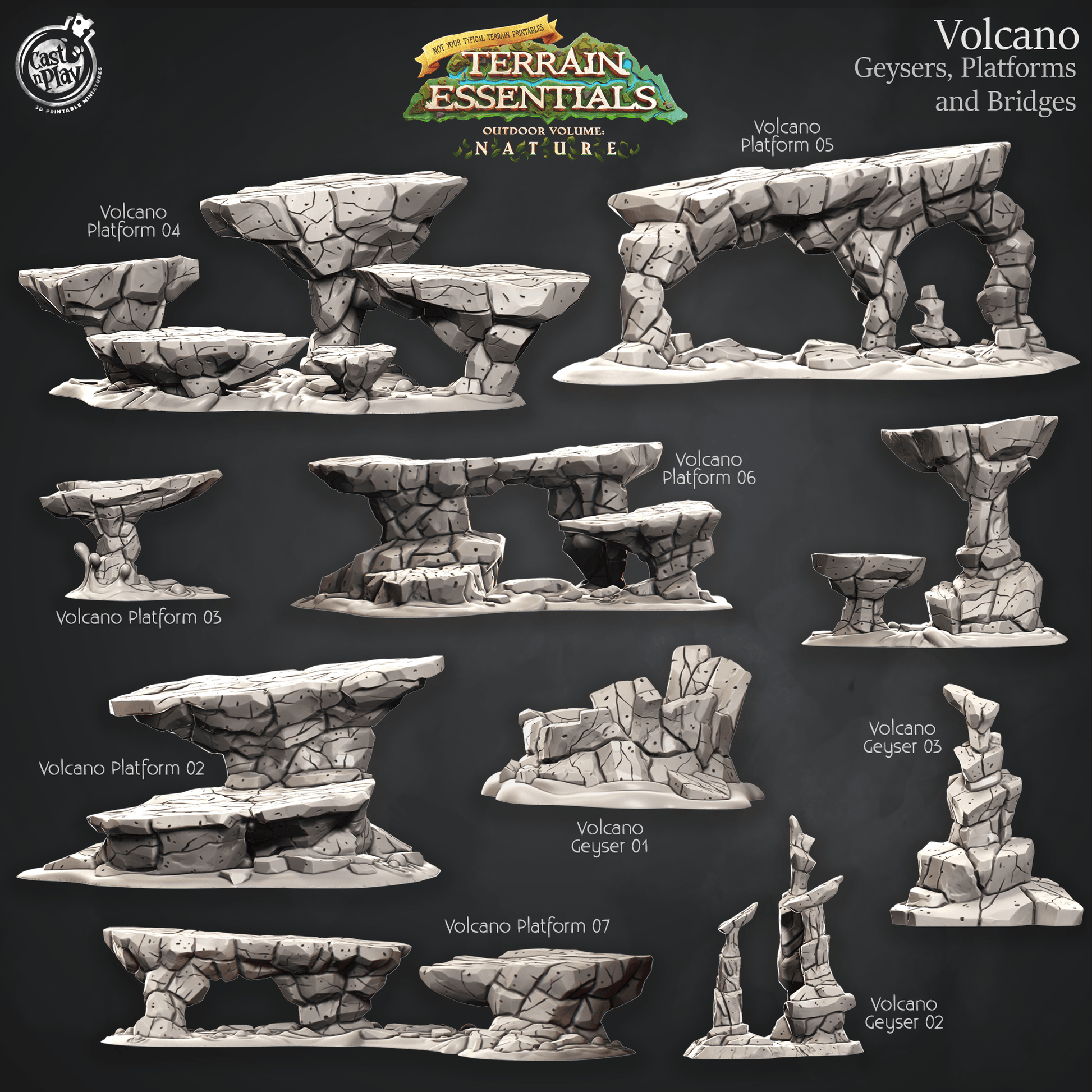 3D Printed Cast n Play Volcano Terrain Geysers, Platforms and Bridges Set Terrain Essentials 28mm 32mm D&D - 3D Printing Boss 