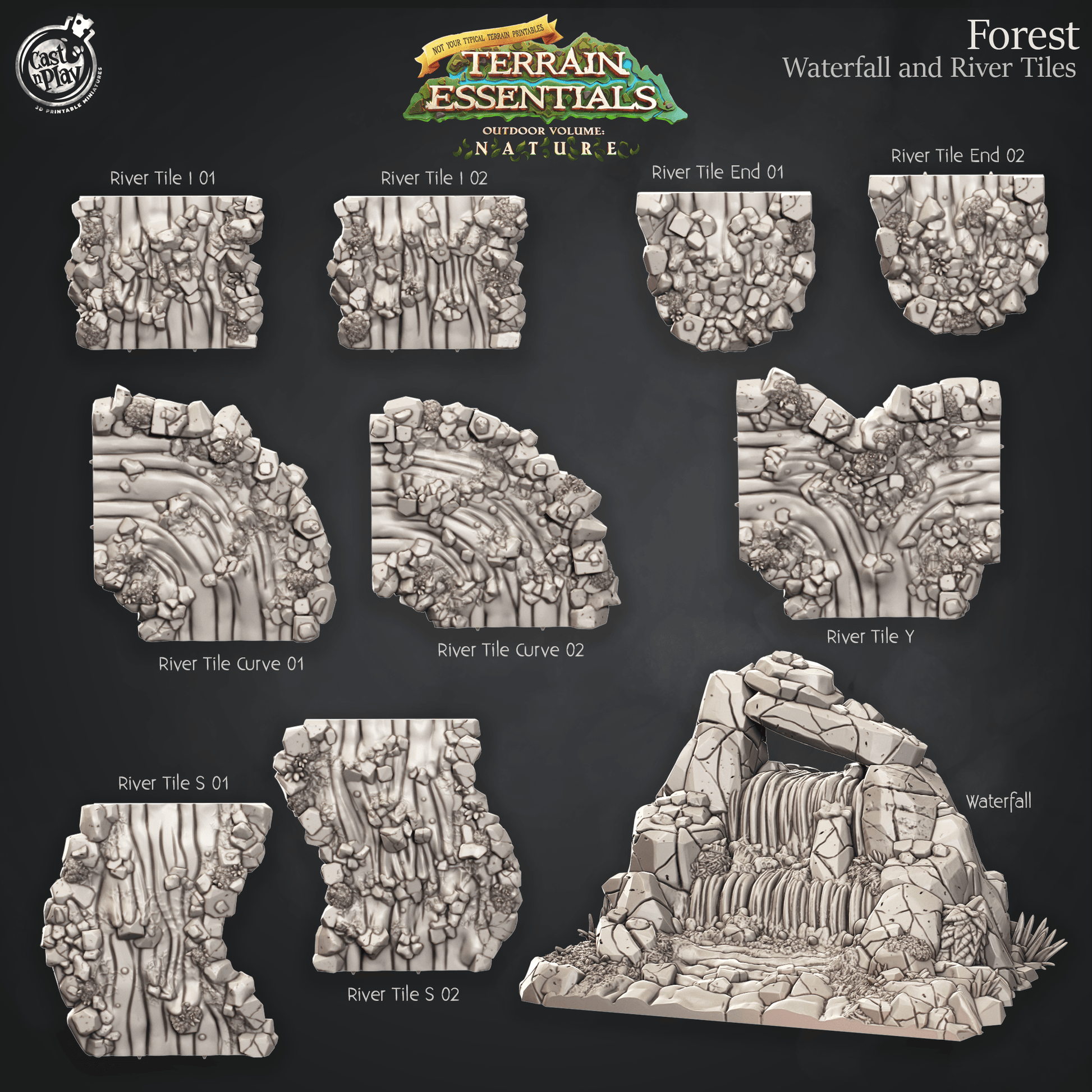 3D Printed Cast n Play Waterfall and River Tiles Forest Terrain Set Terrain Essentials Nature 28mm 32mm D&D - 3D Printing Boss 