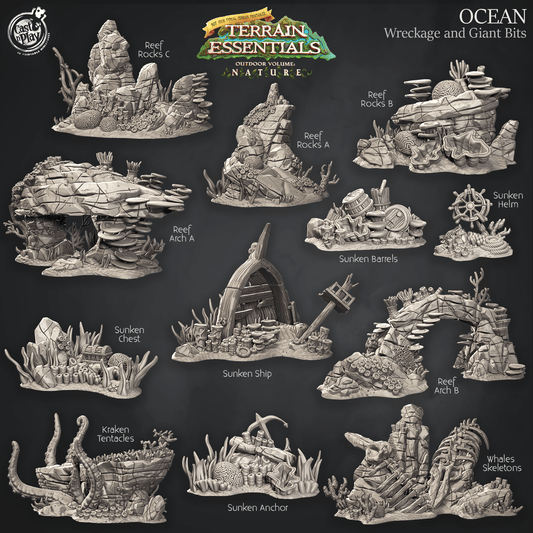 3D Printed Cast n Play Wreckage and Giant Bits Ocean Terrain Set Terrain Essentials Nature 28mm 32mm D&D - 3D Printing Boss 