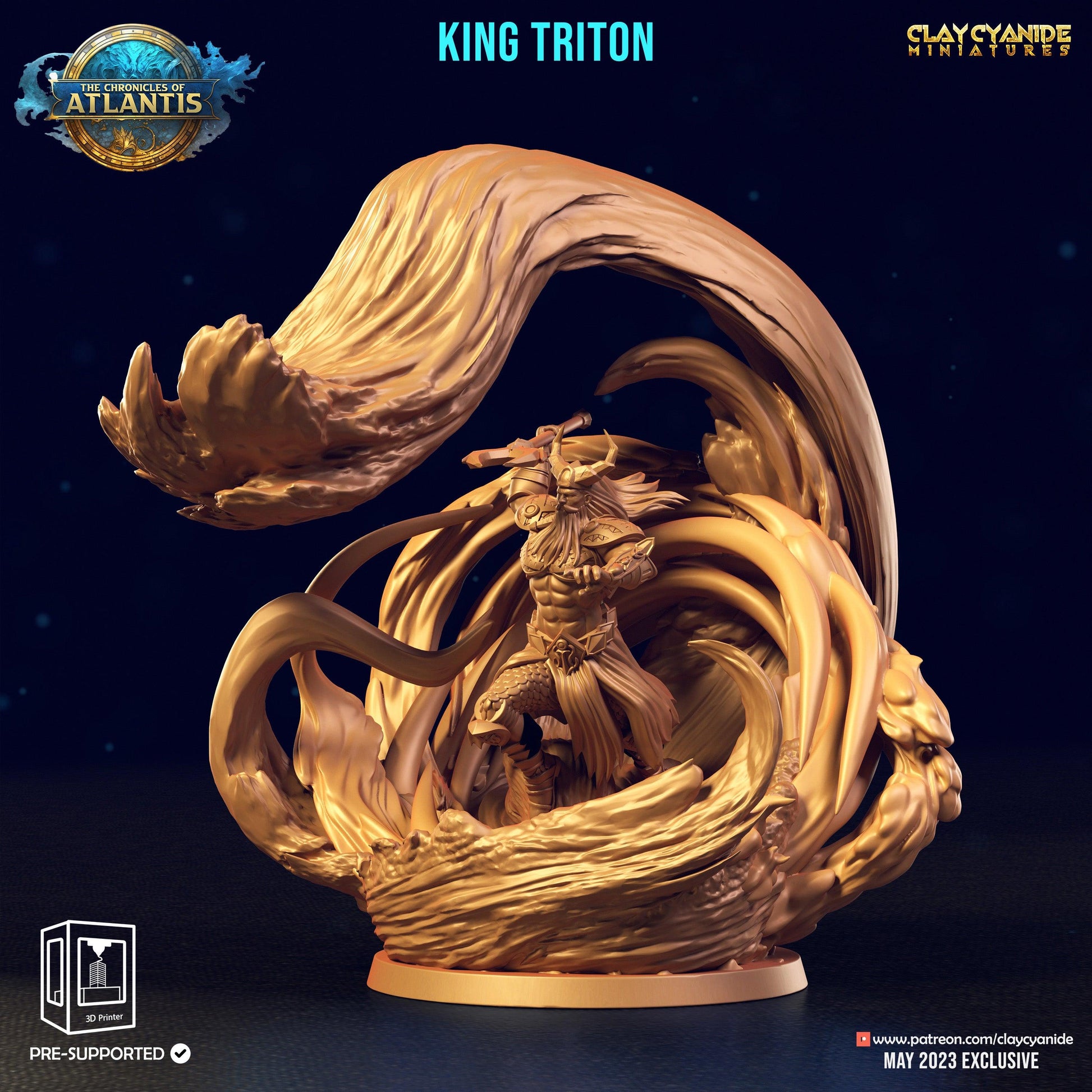 3D Printed Clay Cyanide King Triton The Chronicles of Atlantis 28 32 mm D&D - 3D Printing Boss 