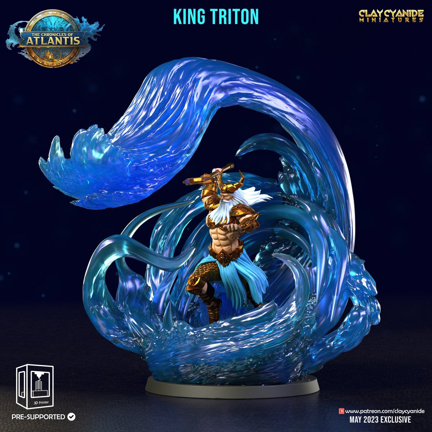 3D Printed Clay Cyanide King Triton The Chronicles of Atlantis 28 32 mm D&D - 3D Printing Boss 