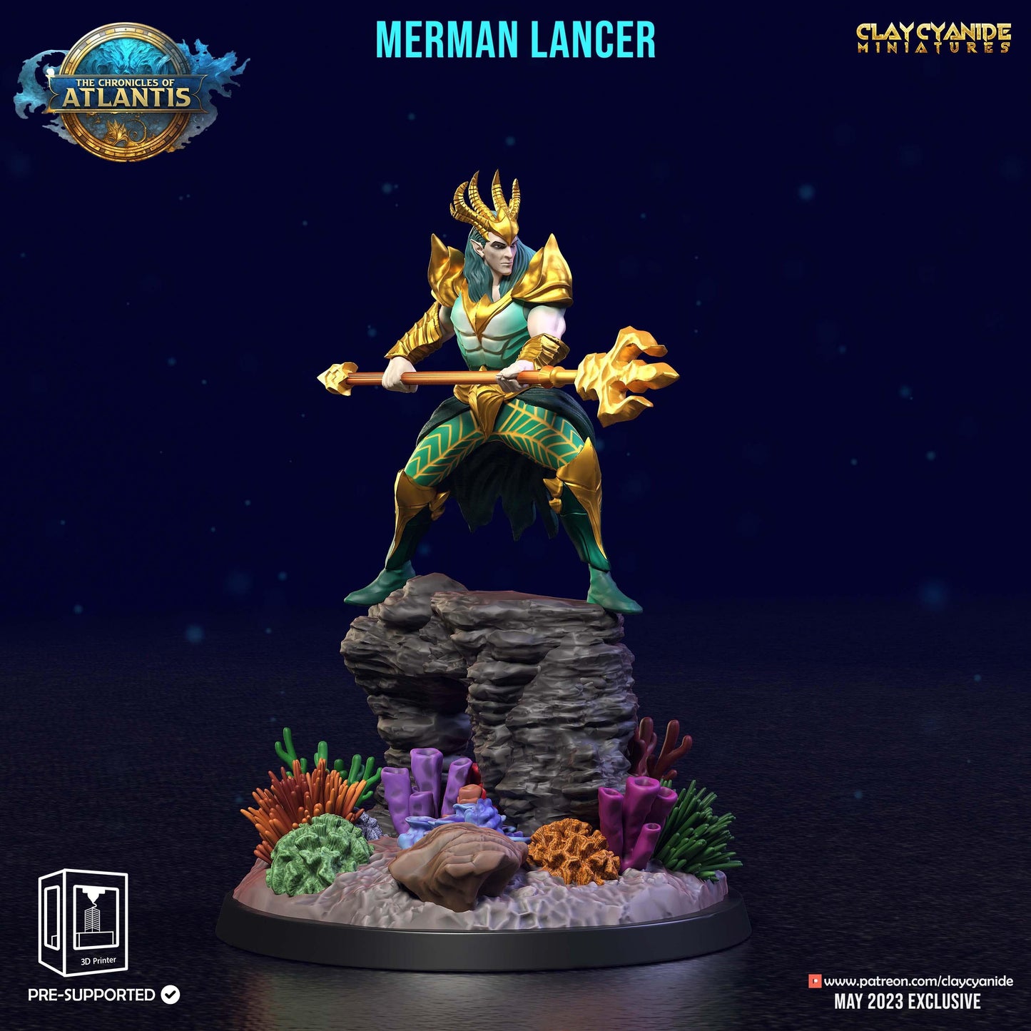 3D Printed Clay Cyanide Merman Lancers The Chronicles of Atlantis 28 32 mm D&D - 3D Printing Boss 