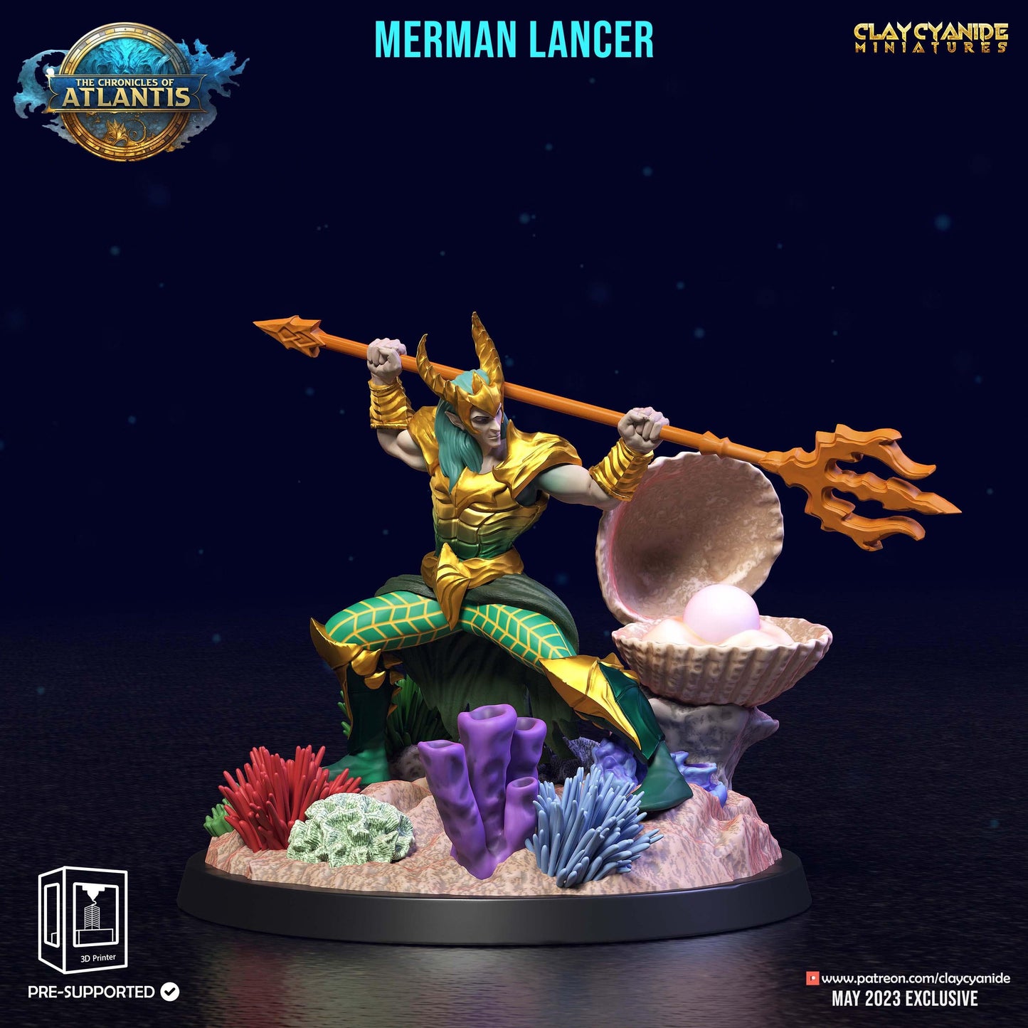 3D Printed Clay Cyanide Merman Lancers The Chronicles of Atlantis 28 32 mm D&D - 3D Printing Boss 