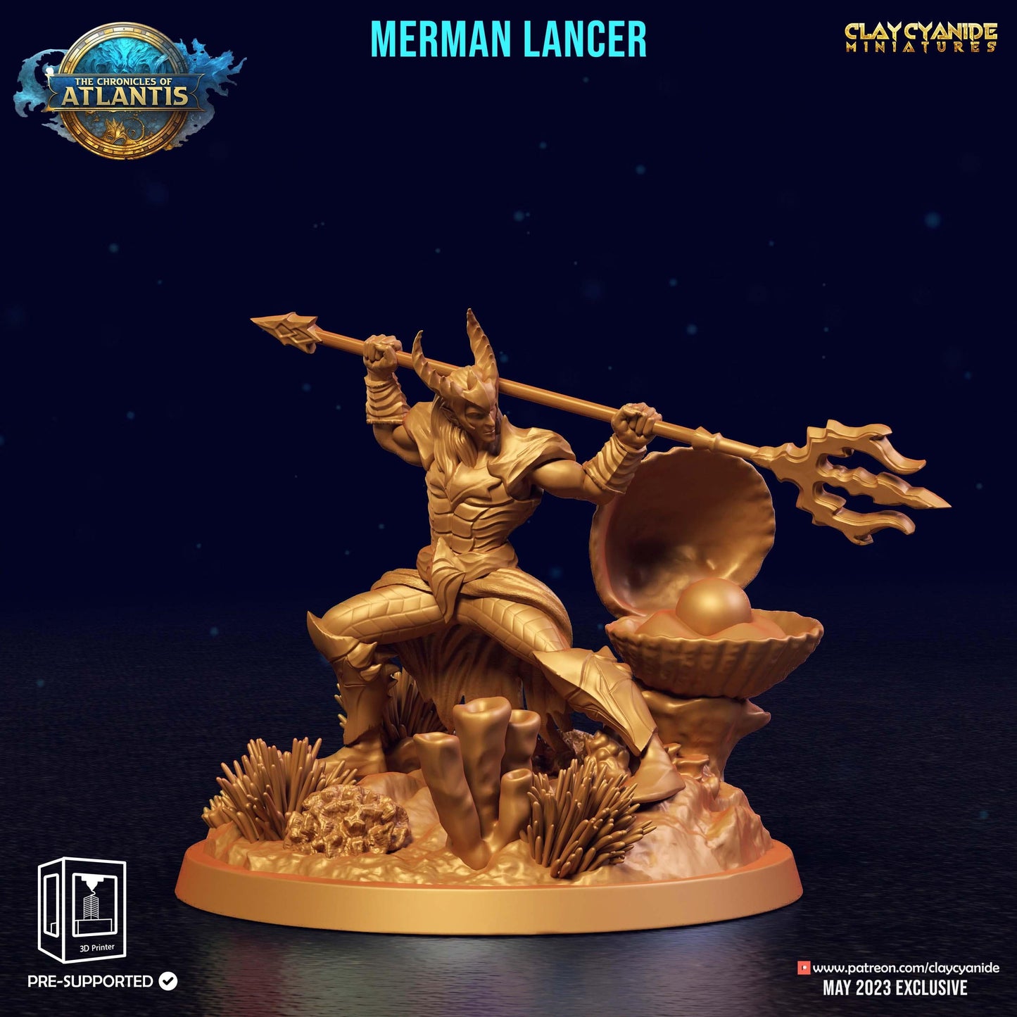 3D Printed Clay Cyanide Merman Lancers The Chronicles of Atlantis 28 32 mm D&D - 3D Printing Boss 