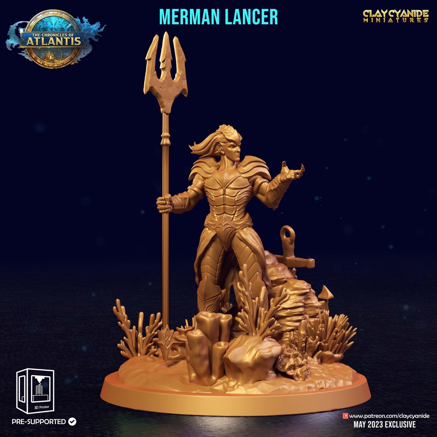 3D Printed Clay Cyanide Merman Lancers The Chronicles of Atlantis 28 32 mm D&D - 3D Printing Boss 