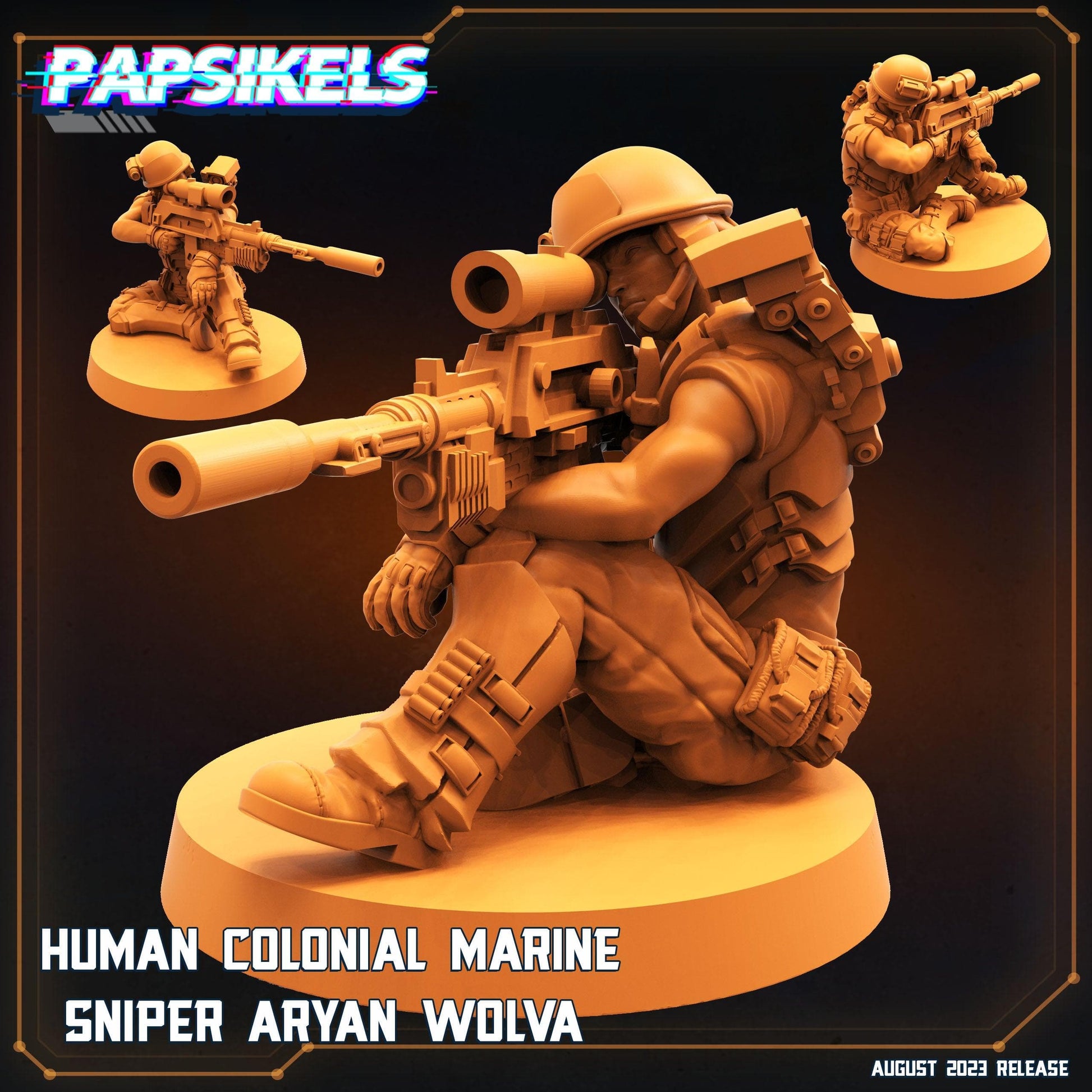 3D Printed Papsikels August 2023 - Xenowars Genesis Human Colonial Marine Sniper Aryan Wolva 28mm 32mm - 3D Printing Boss 