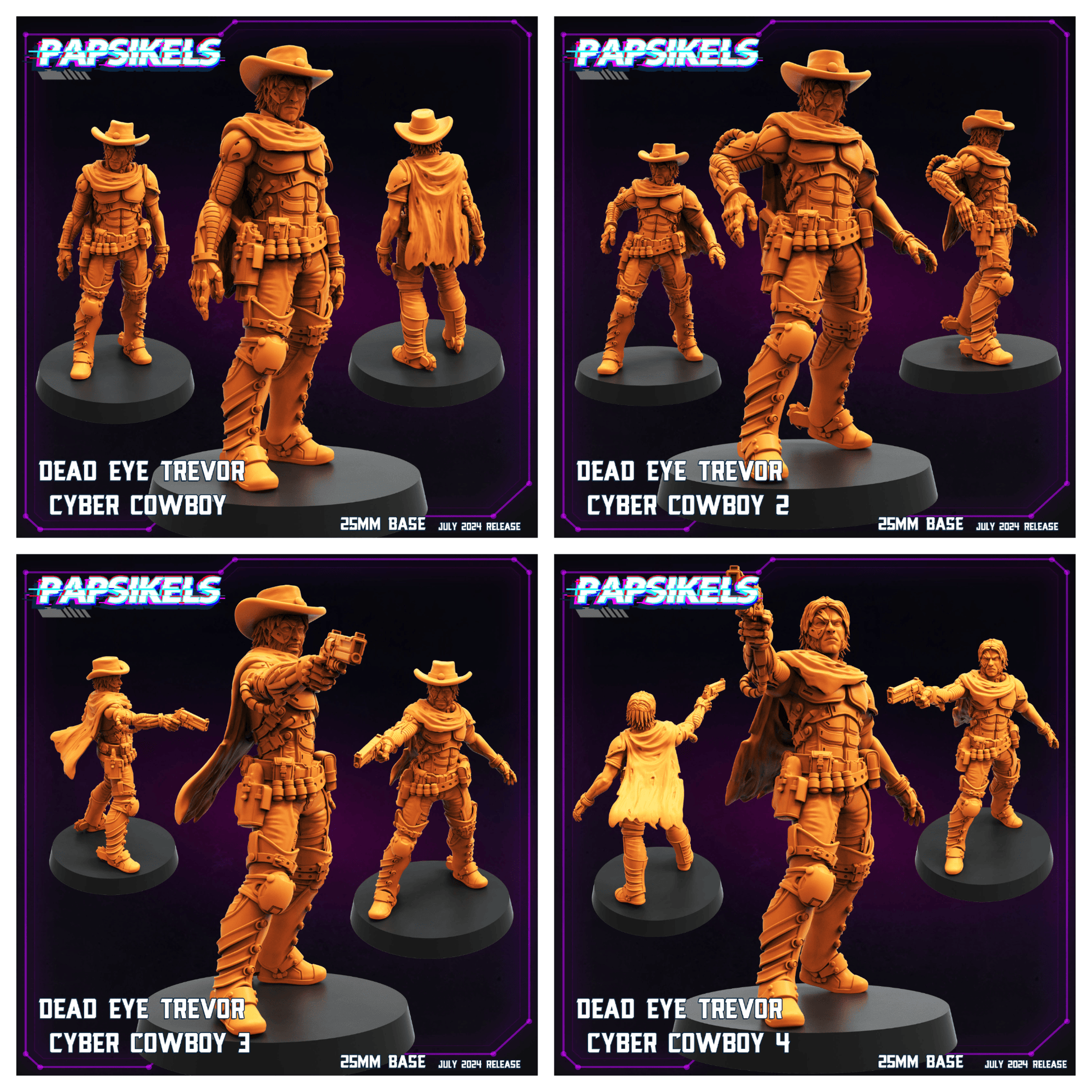 3D Printed Papsikels Dead Eye Trevor Cyber Cowboy Set July 2024 Cyberpunk 28mm 32mm - 3D Printing Boss 