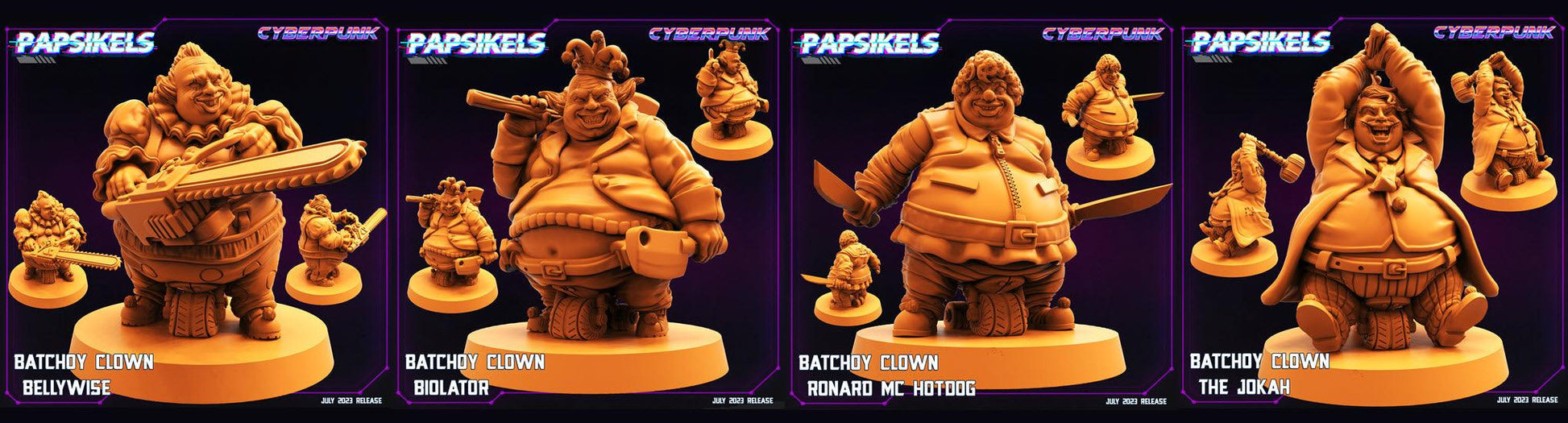 3D Printed Papsikels July 2023 - Cyberpunk Batchoy Clown Set 28mm 32mm - 3D Printing Boss 