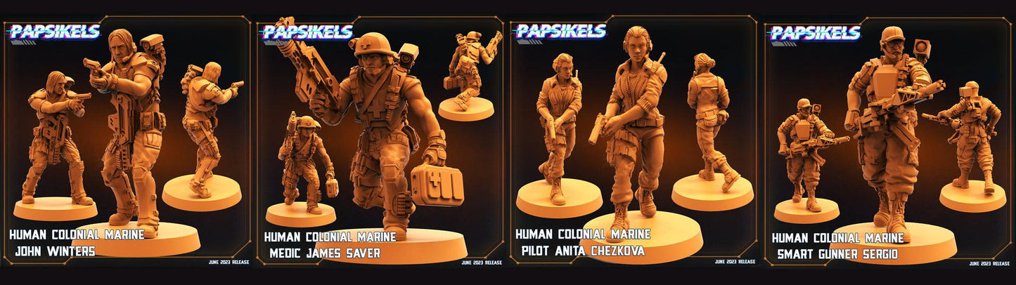 3D Printed Papsikels June 2023 Scifi - Aliens Vs Humans Part 5 Human Colonial Set 28mm 32mm - 3D Printing Boss 