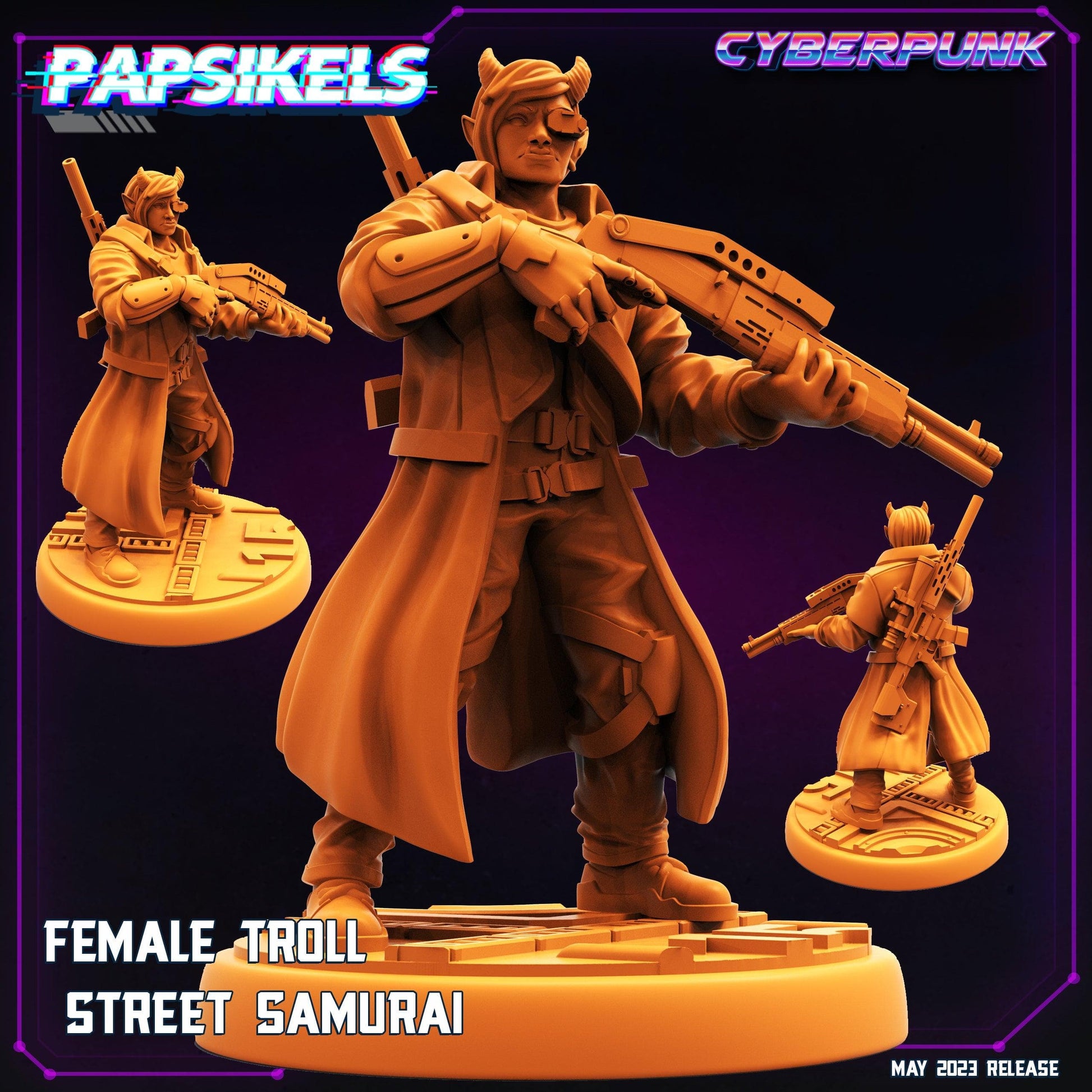 3D Printed Papsikels May 2023 Cyberpunk Female Troll Street Samurai 28mm 32mm - 3D Printing Boss 
