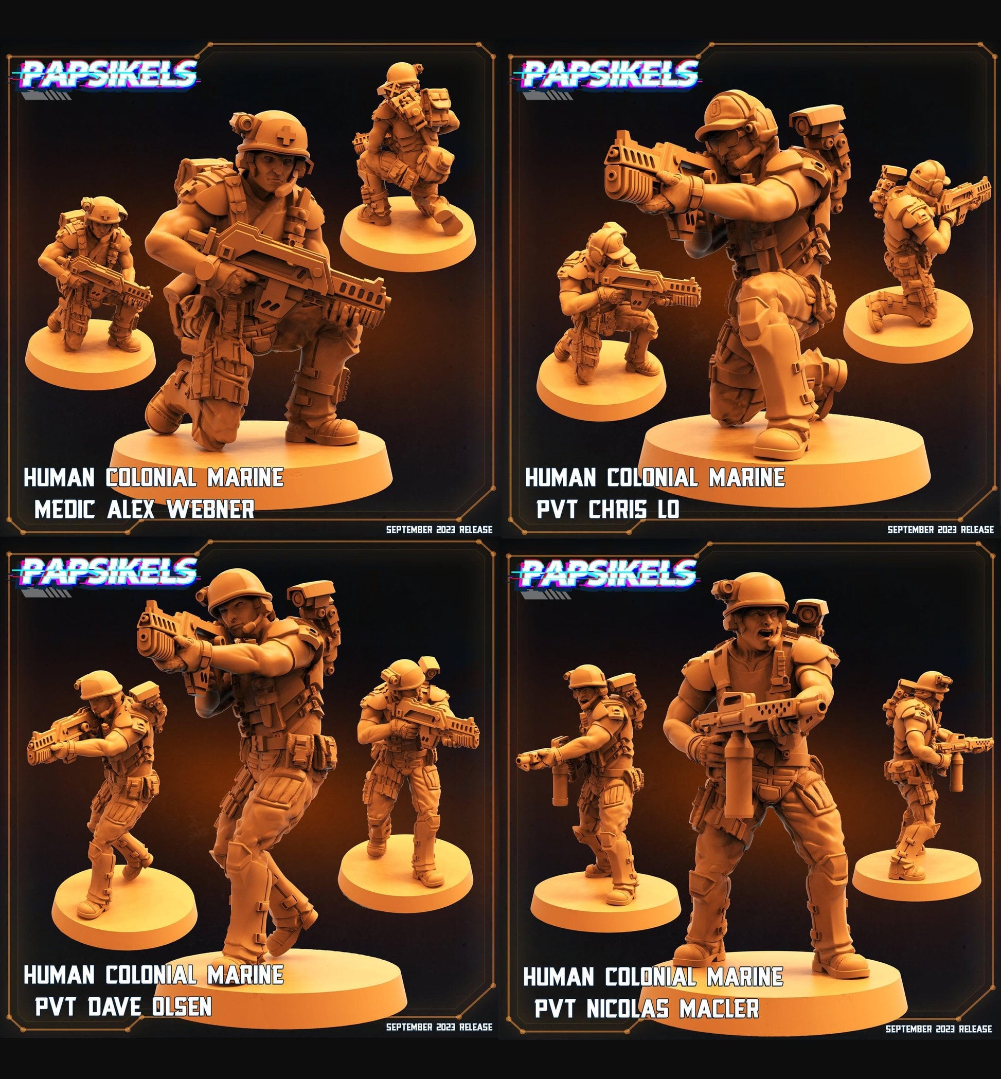 3D Printed Papsikels September 2023 - Aliens Vs Humans 6 Human Colonial Mariner 28mm 32mm - 3D Printing Boss 