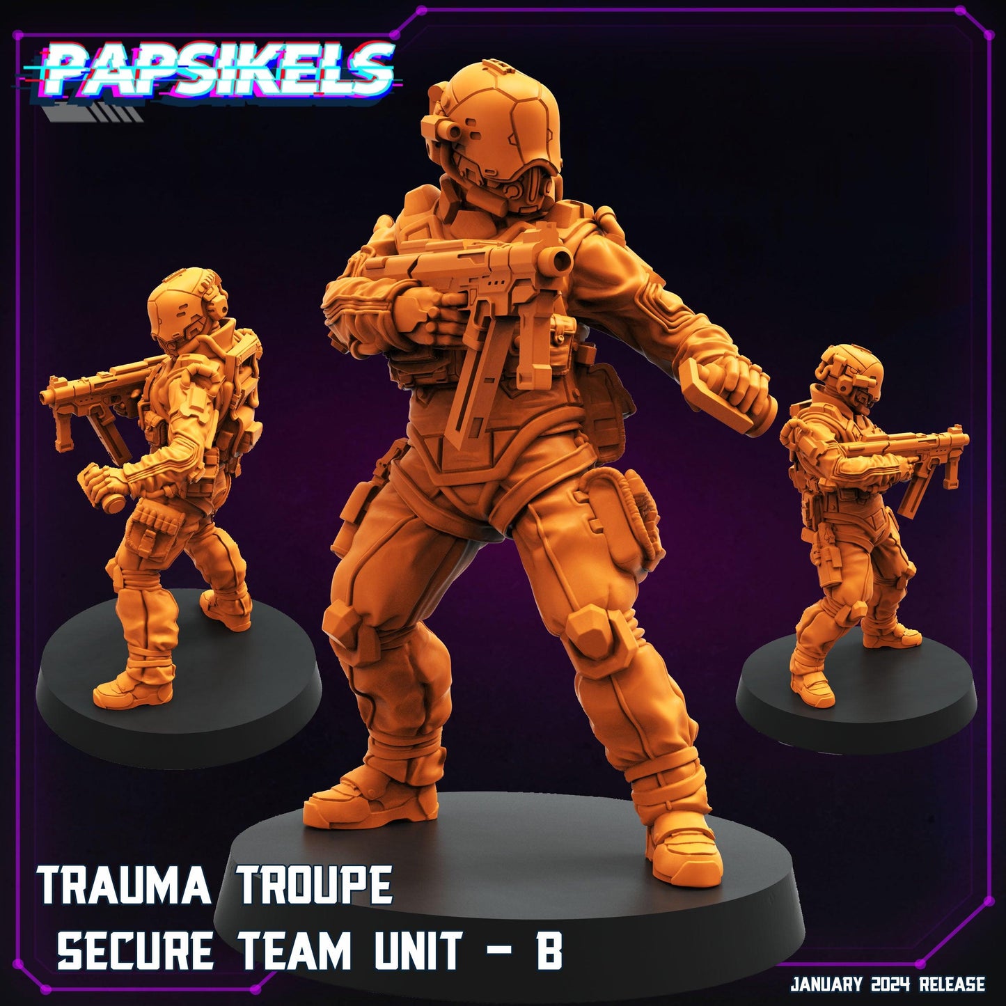 3D Printed Papsikels Trauma Troupe Secure Team Unit Set January 2024 Cyberpunk 28mm 32mm - 3D Printing Boss 