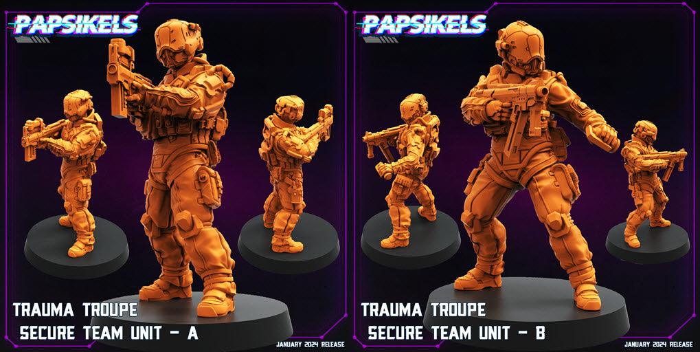 3D Printed Papsikels Trauma Troupe Secure Team Unit Set January 2024 Cyberpunk 28mm 32mm - 3D Printing Boss 