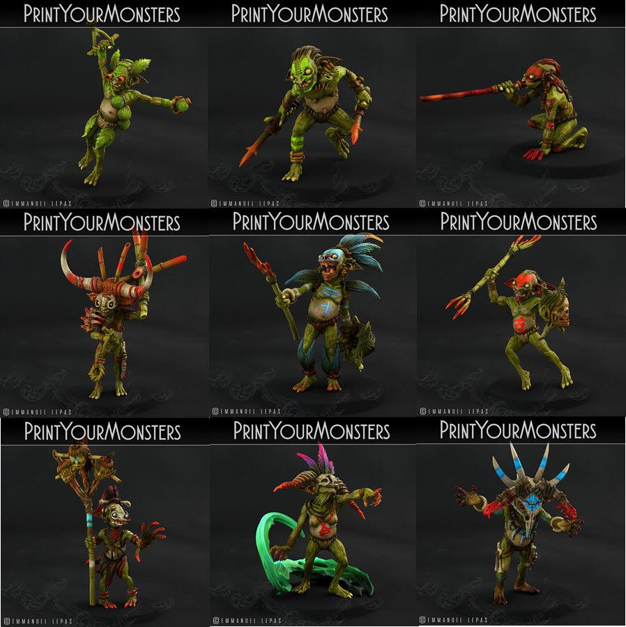 3D Printed Print Your Monsters Jungle Goblins Pack 28mm - 32mm D&D Wargaming - 3D Printing Boss 