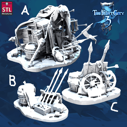 3D Printed STL Miniatures Barricades Set Core Props The Frost City 3 28 - 32mm War Gaming D&D - 3D Printing Boss 