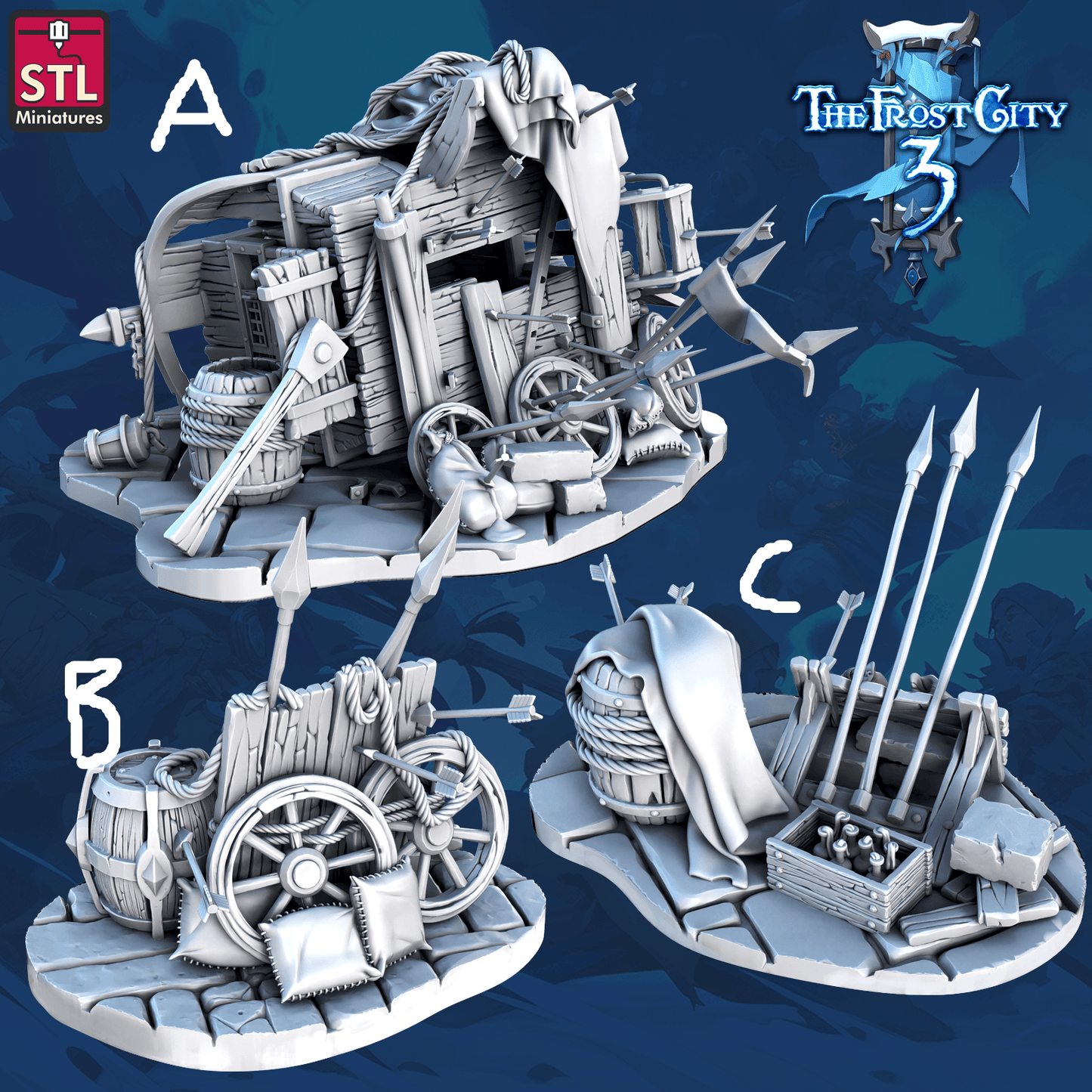 3D Printed STL Miniatures Barricades Set Core Props The Frost City 3 28 - 32mm War Gaming D&D - 3D Printing Boss 