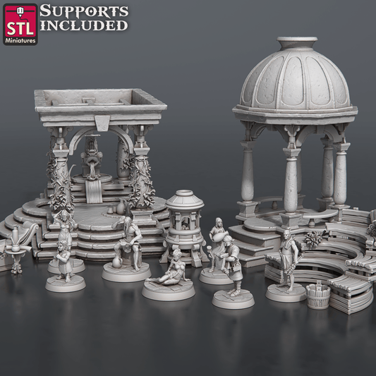 3D Printed STL Miniatures Bath House Set 28 - 32mm War Gaming D&D - 3D Printing Boss 