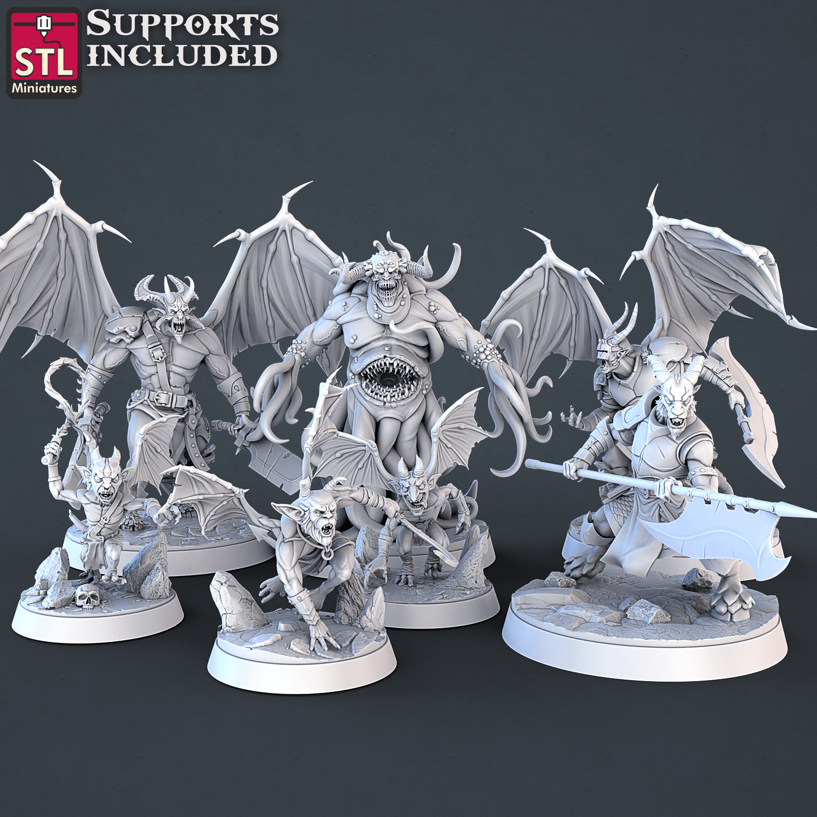 3D Printed STL Miniatures Demons Set | 28 - 32mm War Gaming D&D - 3D Printing Boss 
