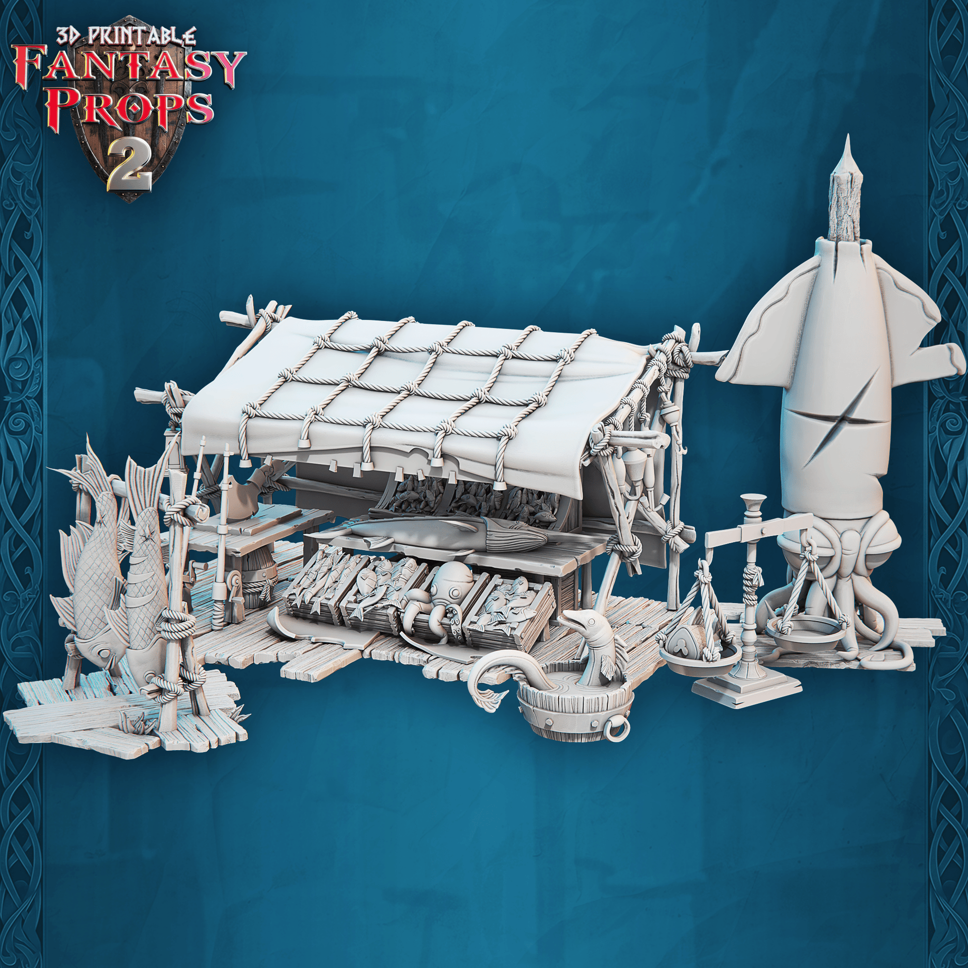 3D Printed STL Miniatures Fantasy Props 2 Market Fish Stall 28 - 32mm War Gaming D&D - 3D Printing Boss 