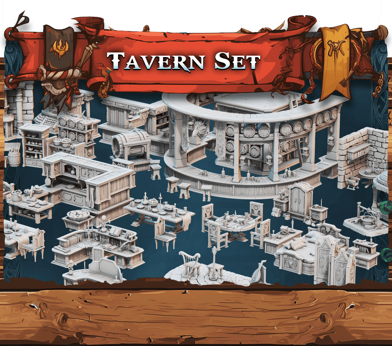3D Printed STL Miniatures Fantasy Props 2 Tavern 28 - 32mm War Gaming D&D - 3D Printing Boss 