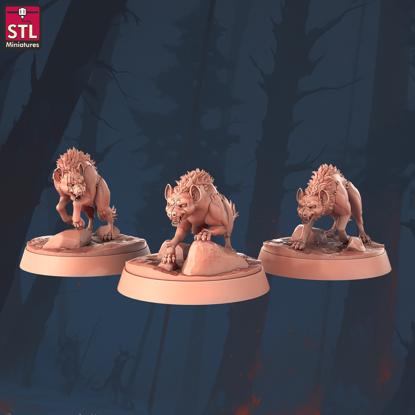 3D Printed STL Miniatures Hyenas 28 - 32mm War Gaming D&D - 3D Printing Boss 