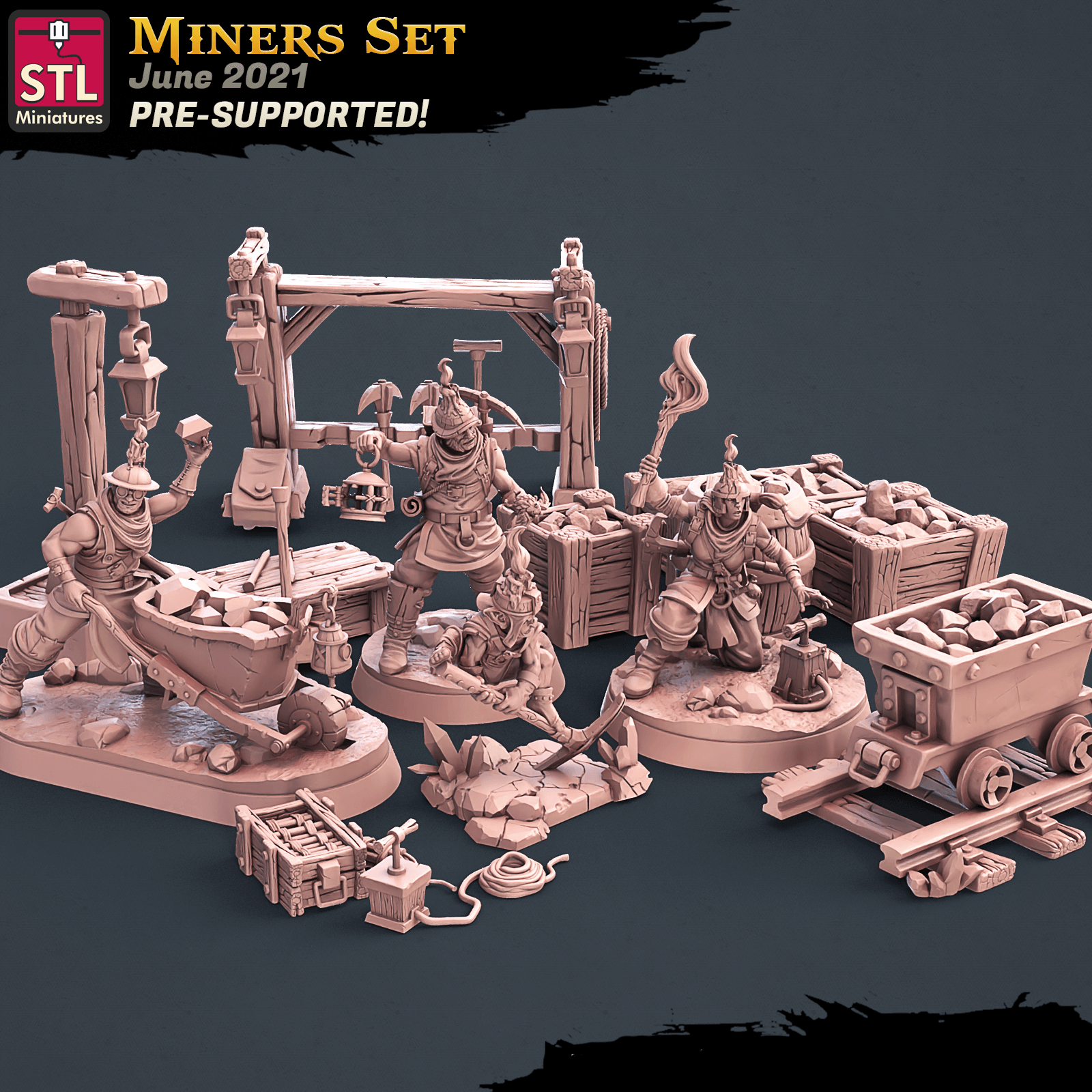 3D Printed STL Miniatures Miners Set 28 - 32mm War Gaming D&D - 3D Printing Boss 