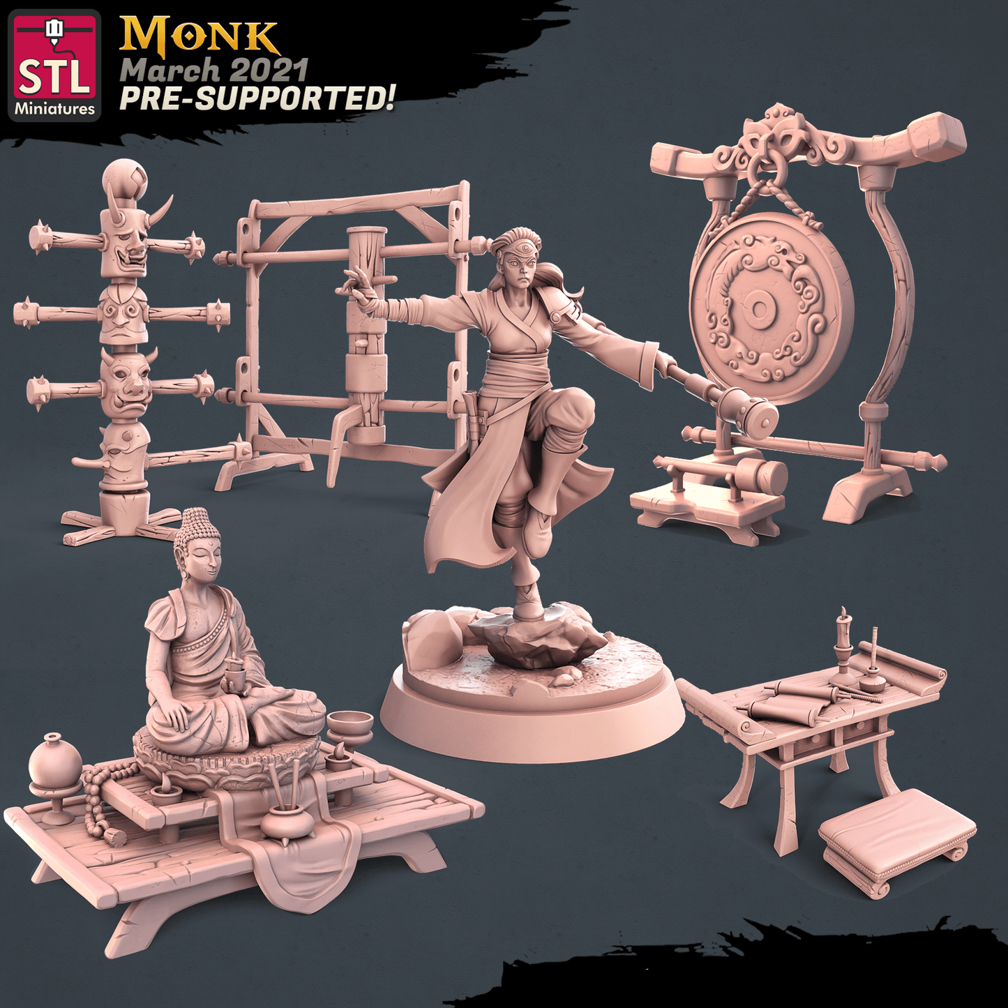 3D Printed STL Miniatures Monk Set 28 - 32mm War Gaming D&D - 3D Printing Boss 