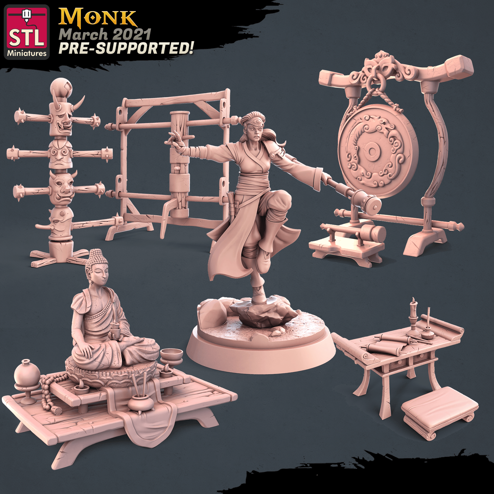 3D Printed STL Miniatures Monk Set 28 - 32mm War Gaming D&D - 3D Printing Boss 