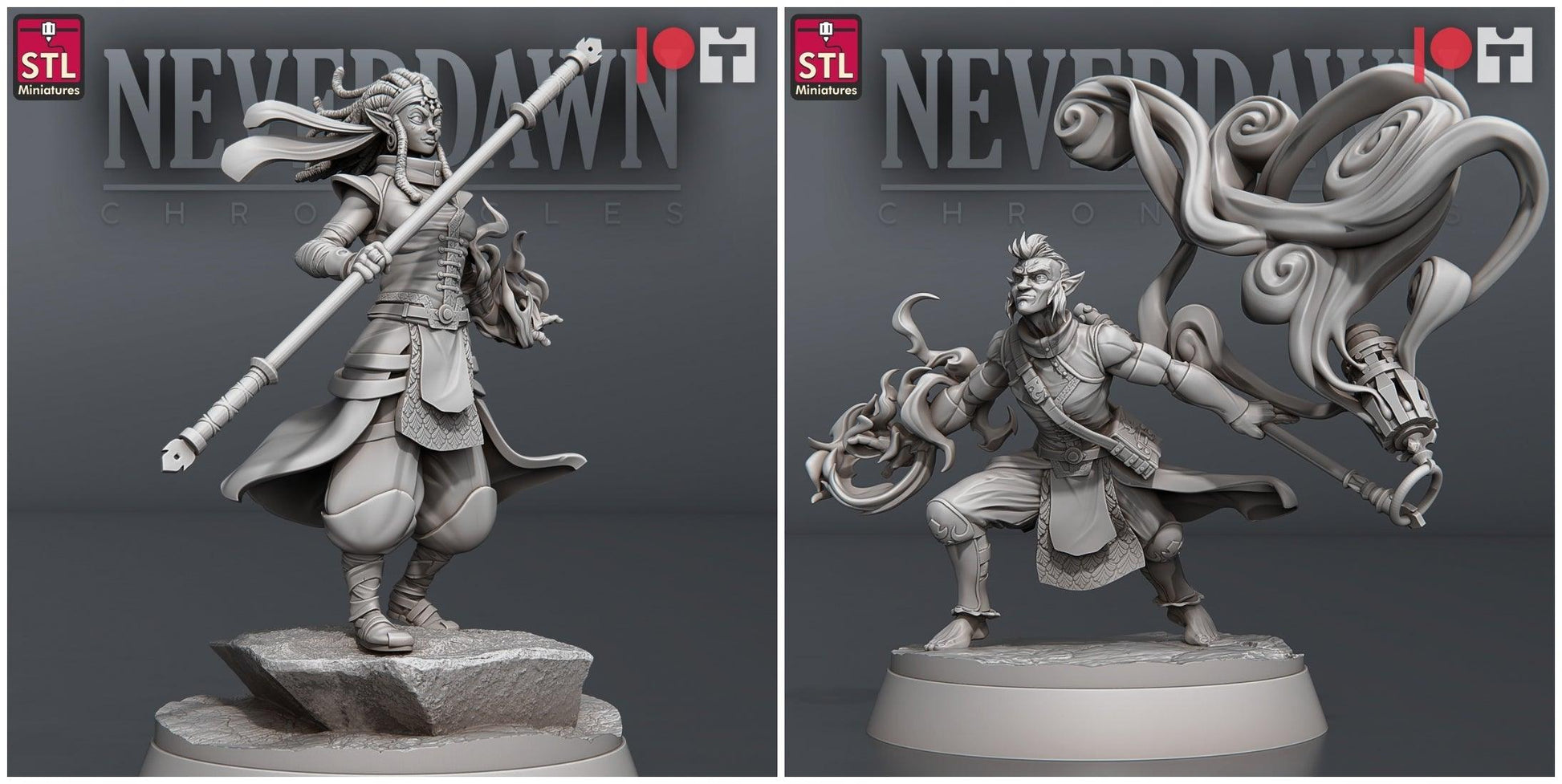 3D Printed STL Miniatures Neverdawn Pyromancers Set 28 - 32mm War Gaming D&D - 3D Printing Boss 