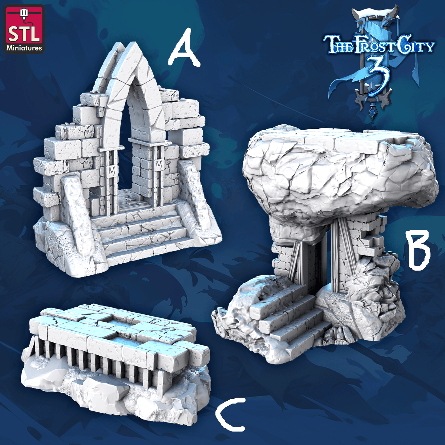 3D Printed STL Miniatures Ruins Set Core Props The Frost City 3 28 - 32mm War Gaming D&D - 3D Printing Boss 
