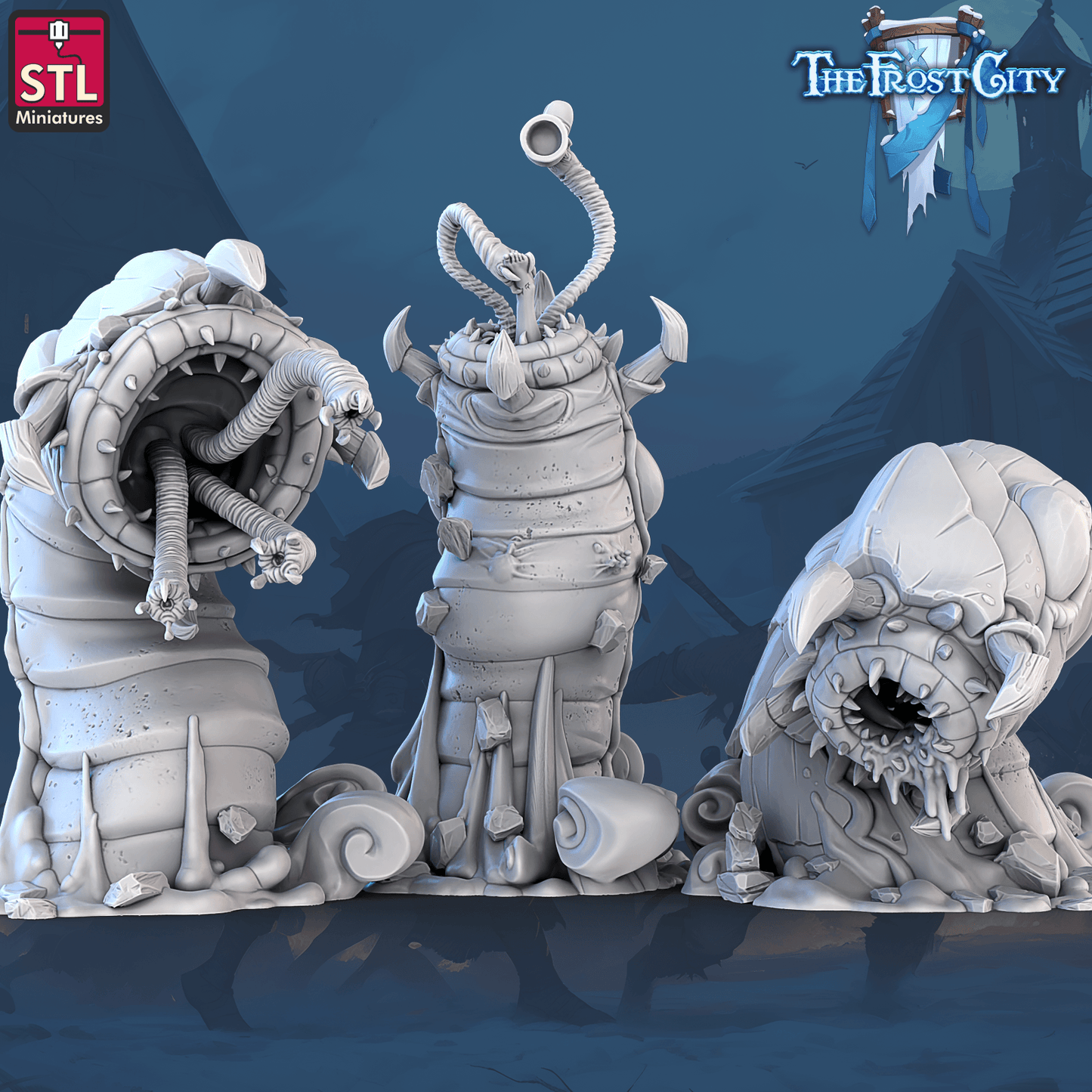 3D Printed STL Miniatures The Frost City Giants Worms 28 - 32mm War Gaming D&D - 3D Printing Boss 