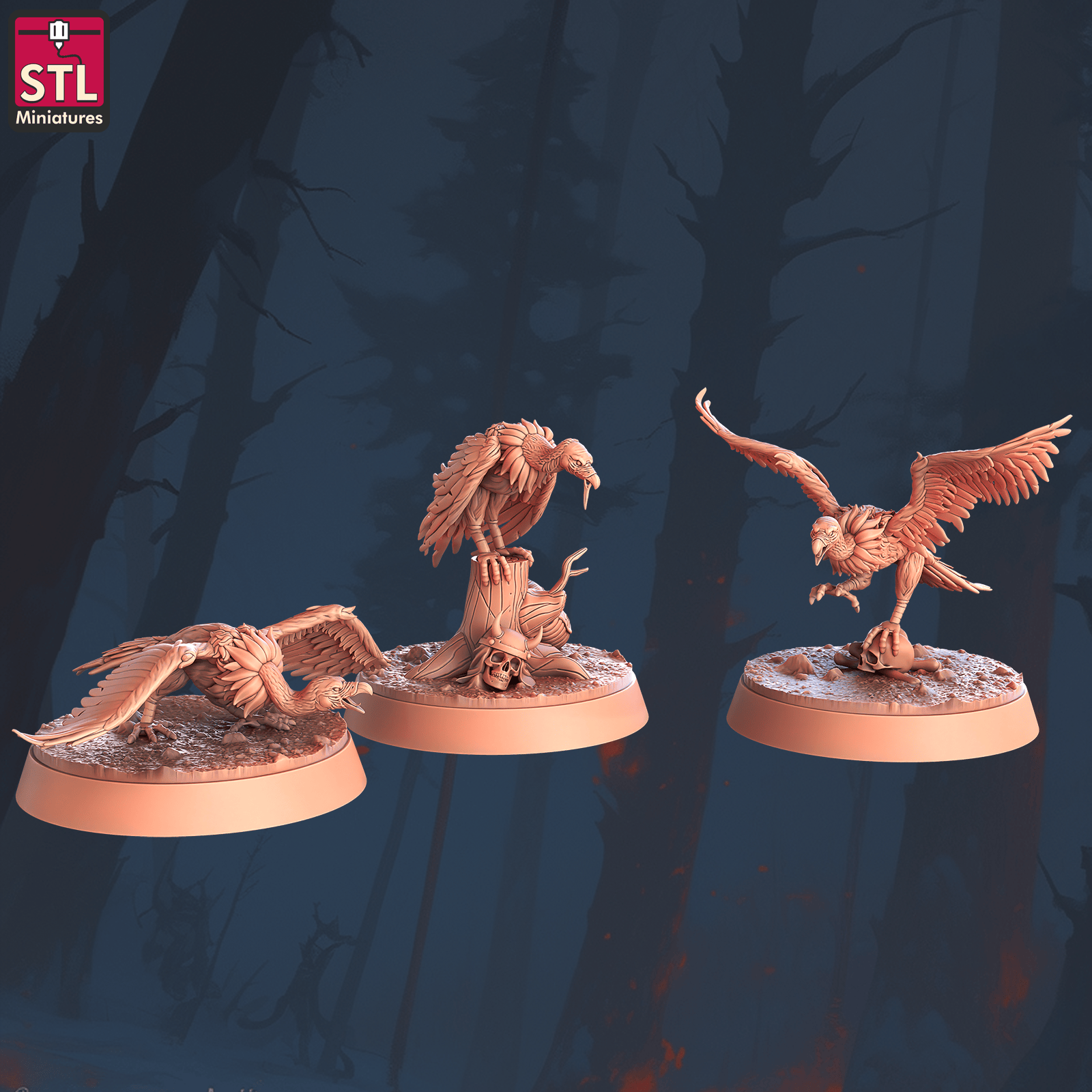 3D Printed STL Miniatures Vultures 28 - 32mm War Gaming D&D - 3D Printing Boss 