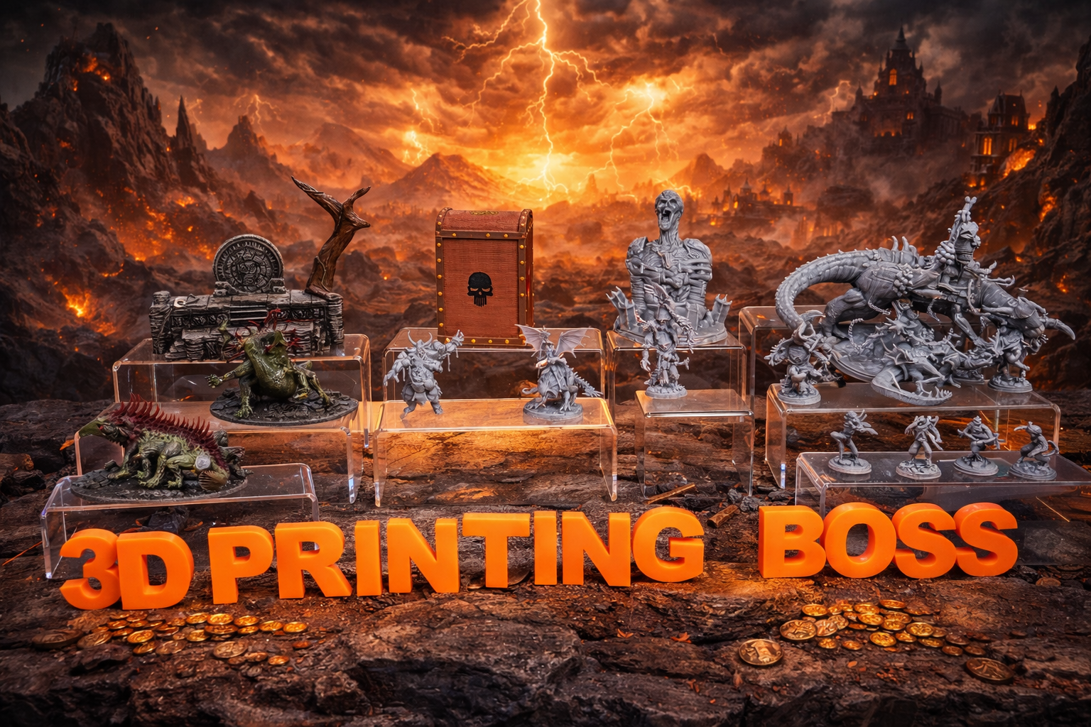 3D printed figurines on display with a dramatic fiery background, featuring the brand '3D Printing Boss'.