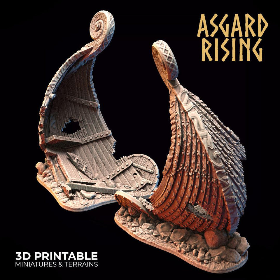 3D Printed Asgard Rising Drakkar Snekkar Ship Wreck Set 28 32 mm Wargaming DnD - Charming Terrain