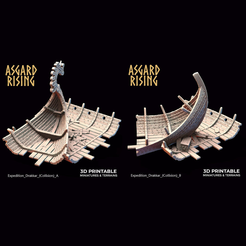 3D Printed Asgard Rising Expedition Drakkar Ship Collision Set 28 32 mm Wargaming DnD - Charming Terrain