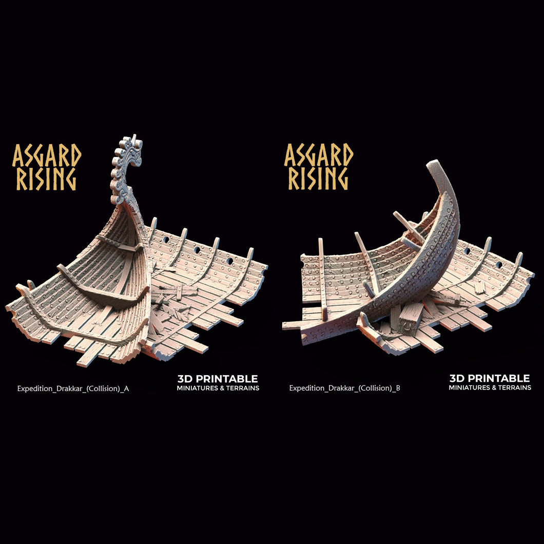 3D Printed Asgard Rising Expedition Drakkar Ship Collision Set 28 32 mm Wargaming DnD - Charming Terrain