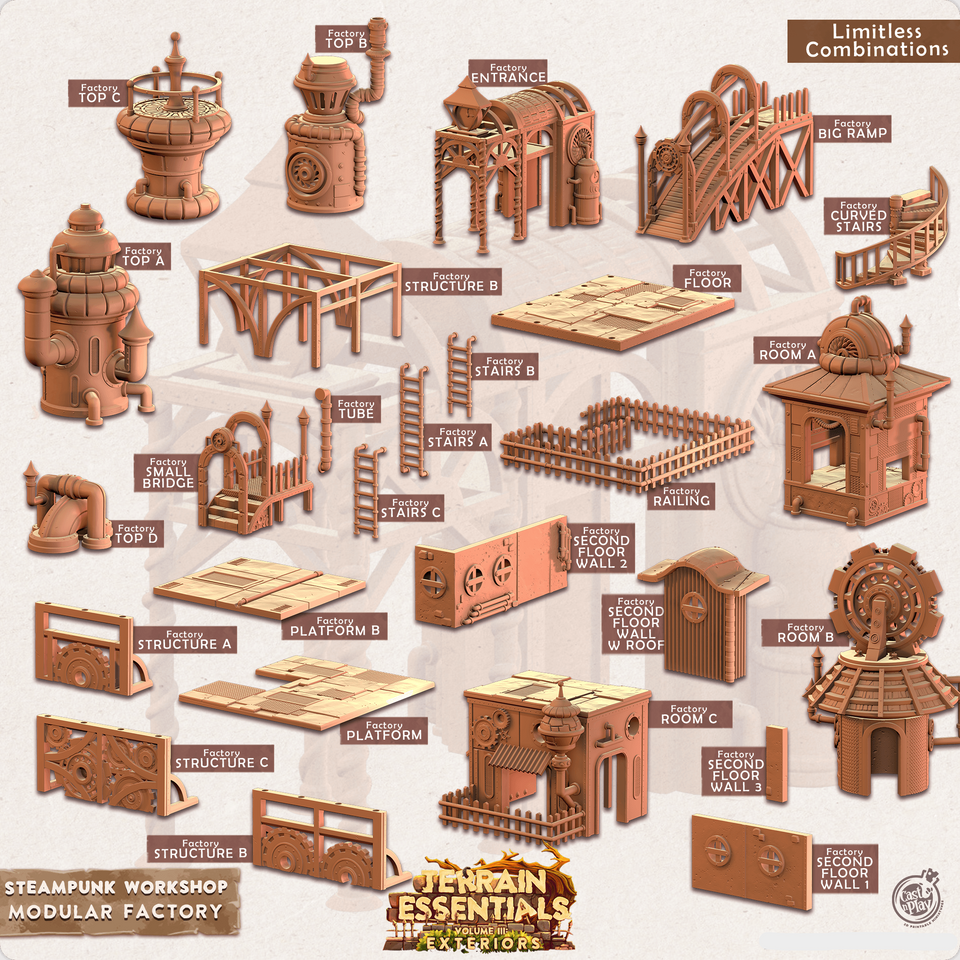3D Printed Cast n Play Modular Factory Steampunk City 28mm 32mm D&D - Charming Terrain