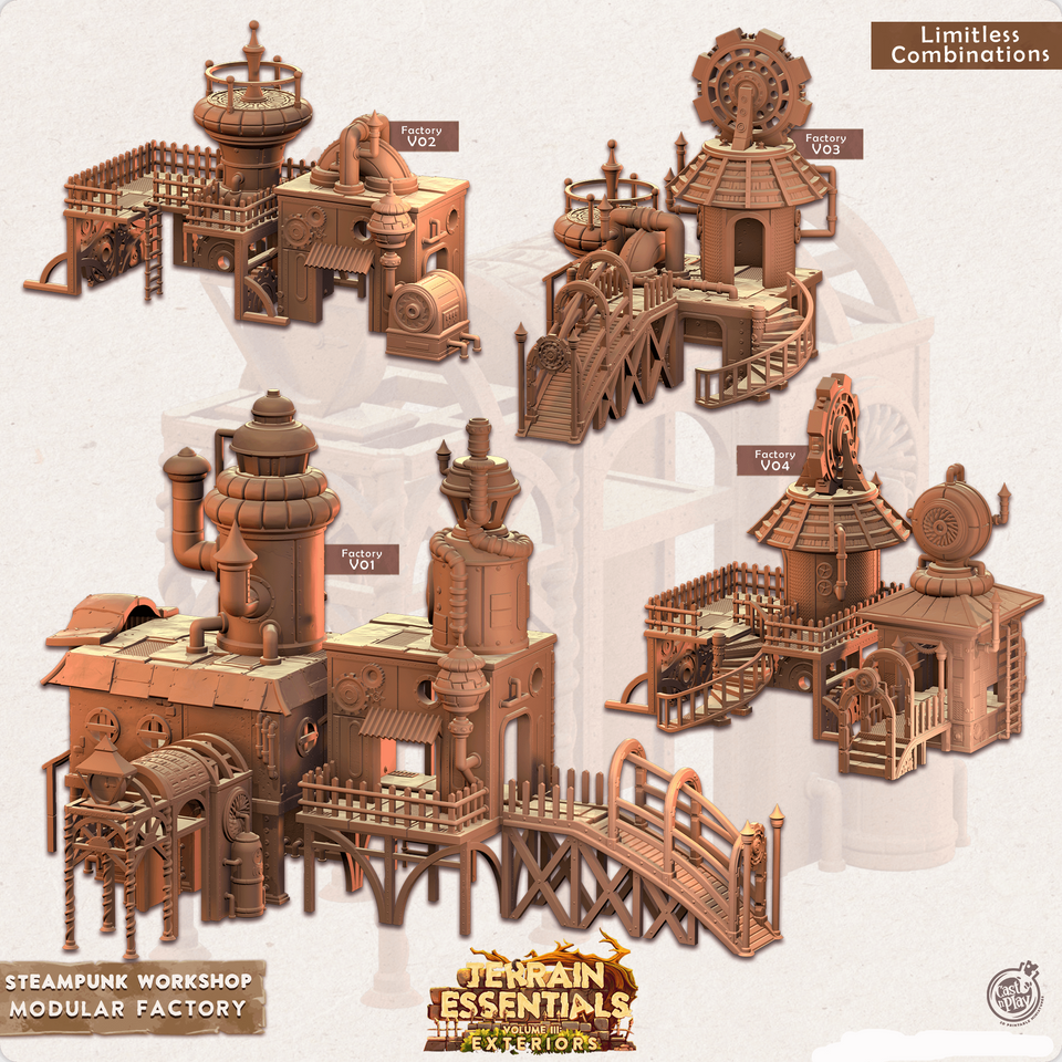 3D Printed Cast n Play Modular Factory Steampunk City 28mm 32mm D&D - Charming Terrain