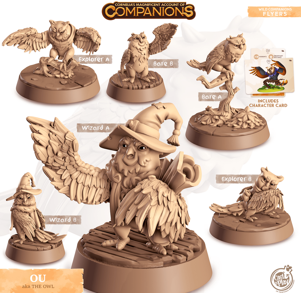 3D Printed Cast n Play Ou - Owl Companions 28mm 32mm D&D - Charming Terrain