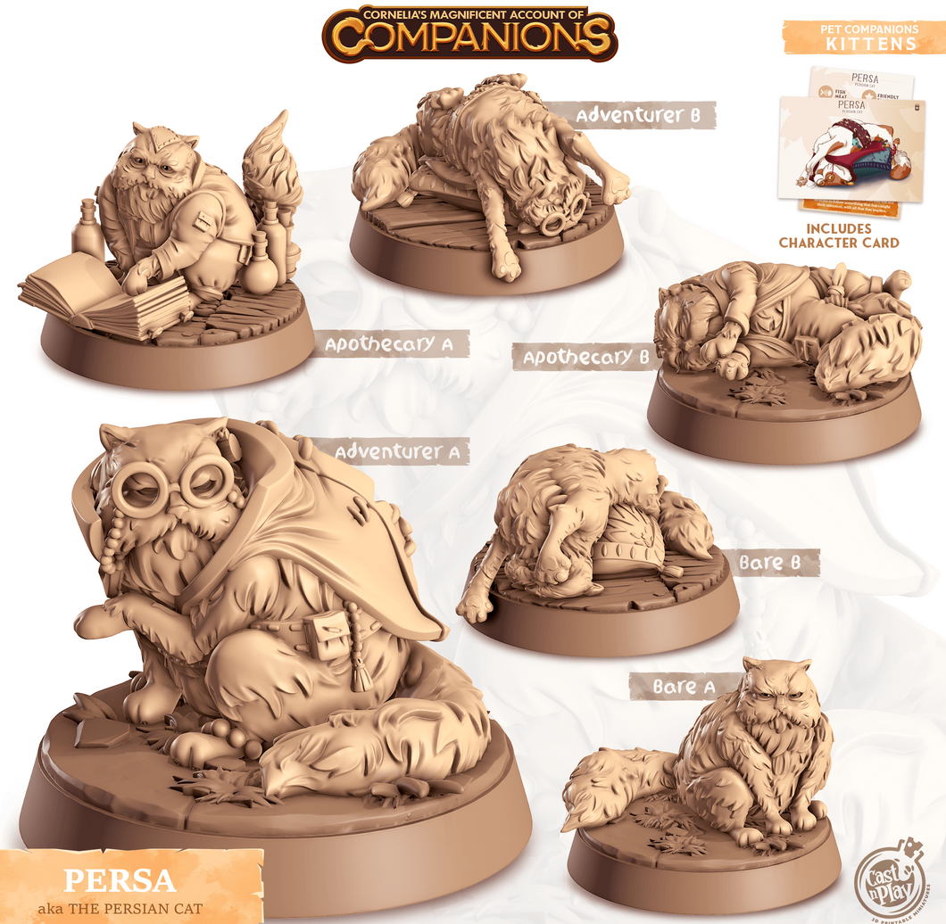 3D Printed Cast n Play Persa - Persian Cat Companions 28mm 32mm D&D - Charming Terrain
