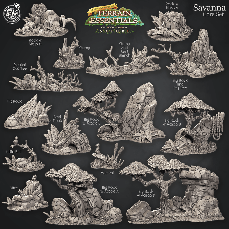 3D Printed Cast n Play Savanna Core Set Savanna Terrain Set Terrain Essentials Nature 28mm 32mm D&D - Charming Terrain