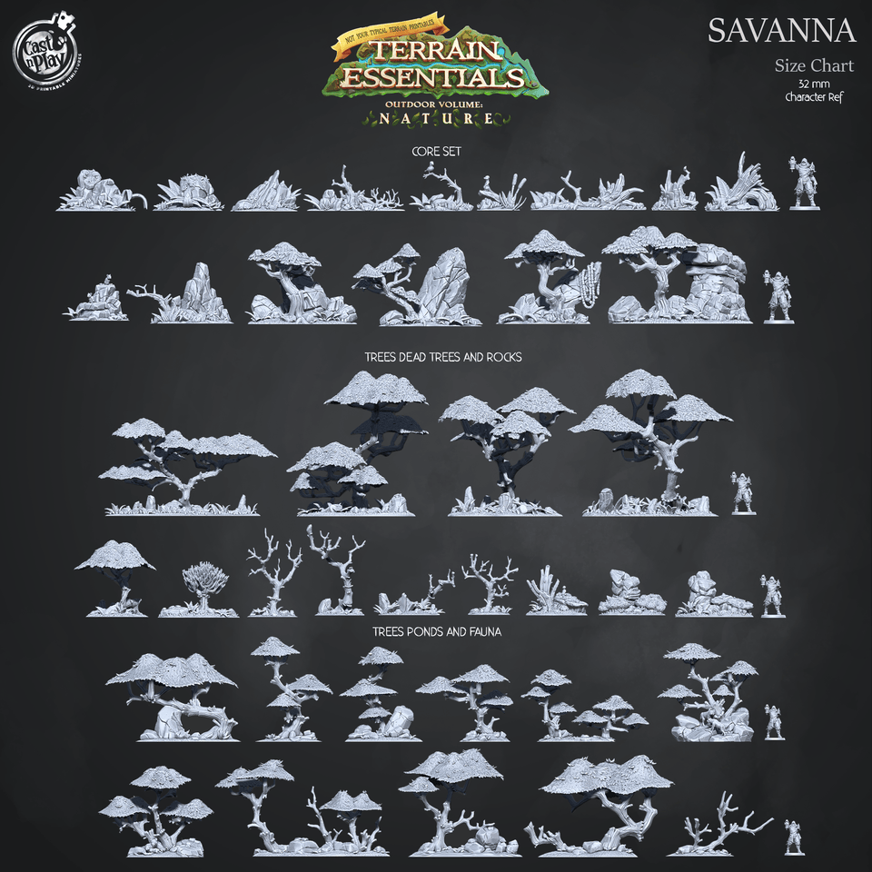 3D Printed Cast n Play Savanna Core Set Savanna Terrain Set Terrain Essentials Nature 28mm 32mm D&D - Charming Terrain