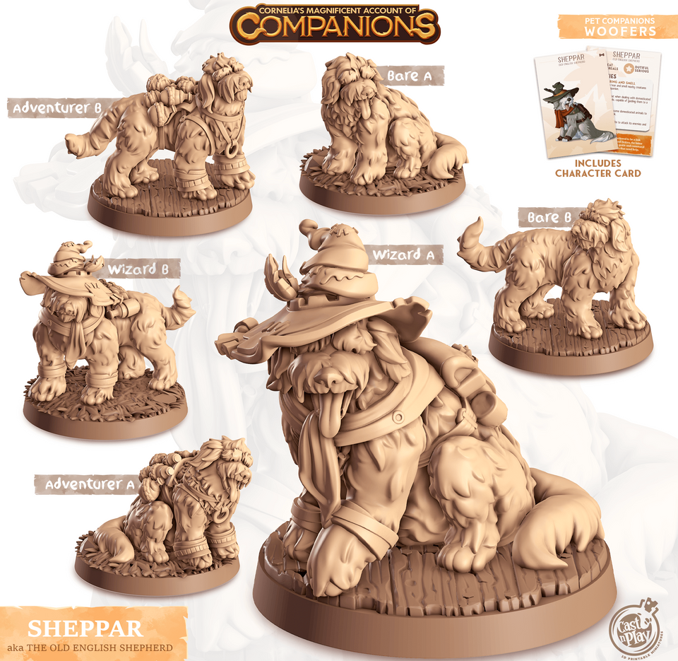 3D Printed Cast n Play Sheppar - Old English Shepherd Companions 28mm 32mm D&D - Charming Terrain