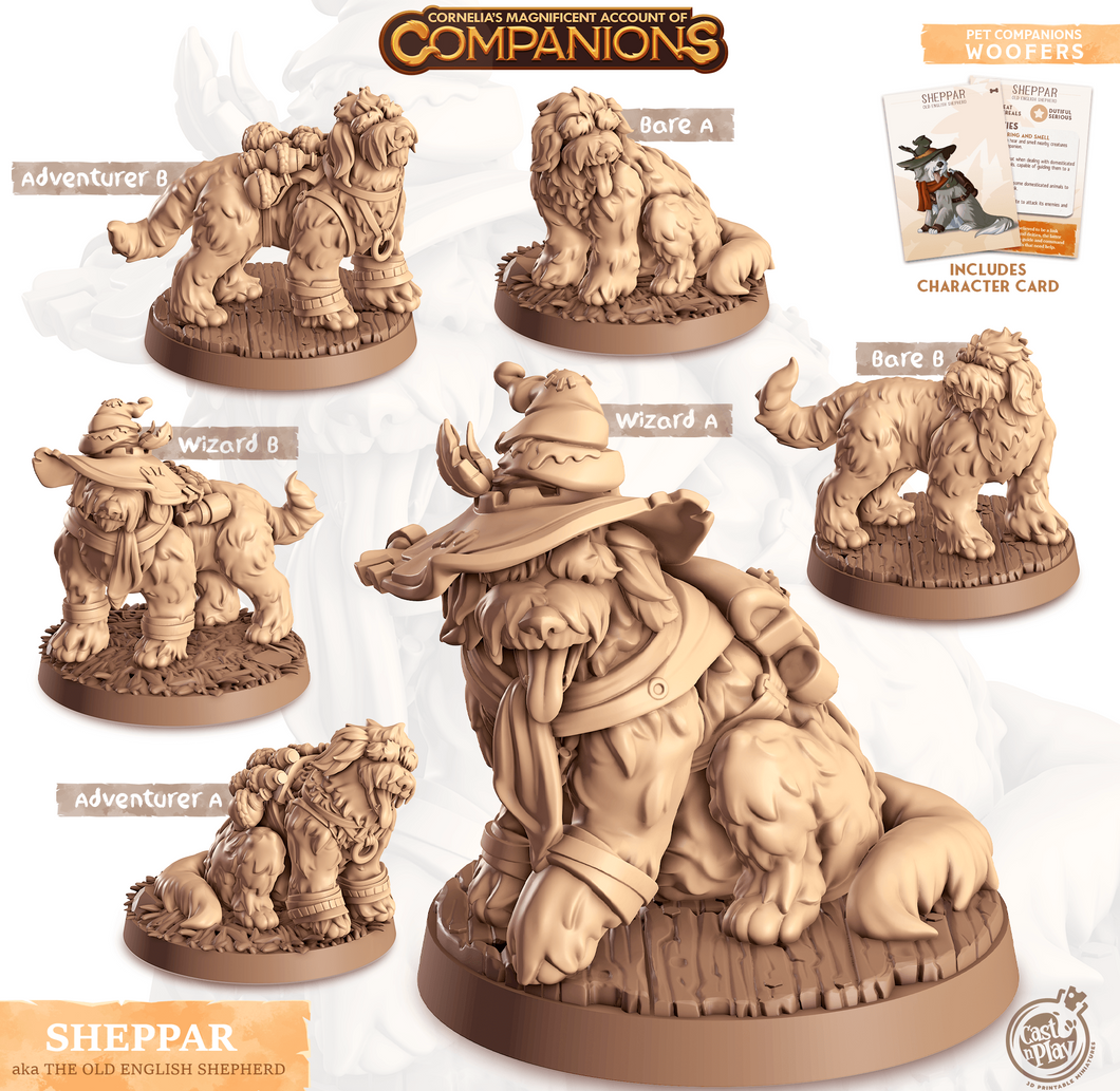 3D Printed Cast n Play Sheppar - Old English Shepherd Companions 28mm 32mm D&D - Charming Terrain