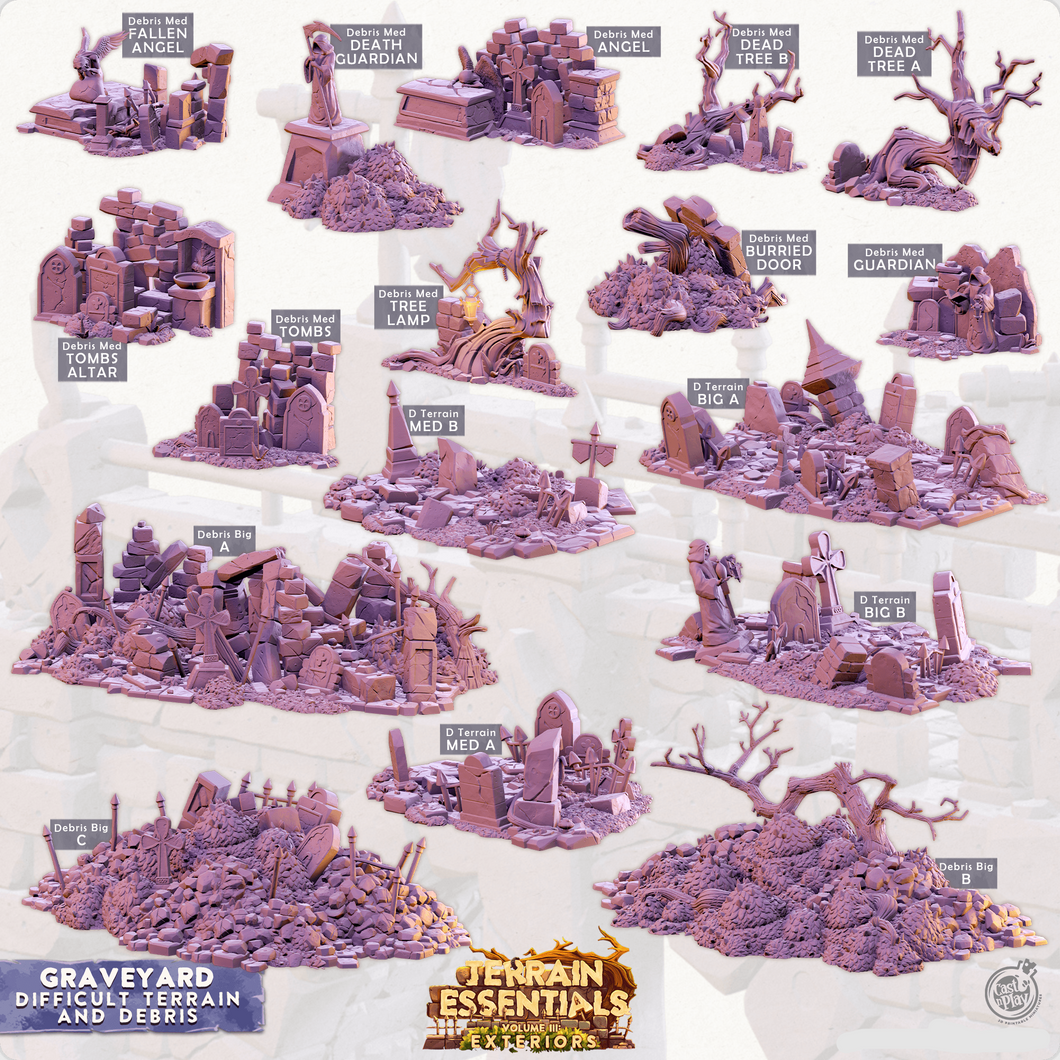 3D Printed Cast n Play Terrain Essentials Exteriors - Graveyard Difficult Terrain and Debris Set 28mm 32mm D&D - Charming Terrain
