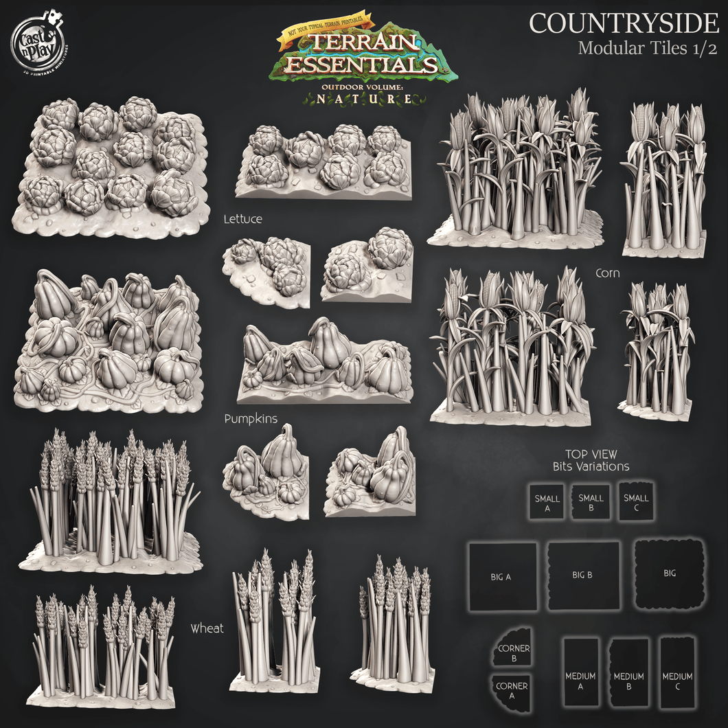 3D Printed Cast n Play Terrain Essentials Nature Meadows & Countryside Terrain - Countryside Modular Tiles Set 28mm 32mm D&D - Charming Terrain