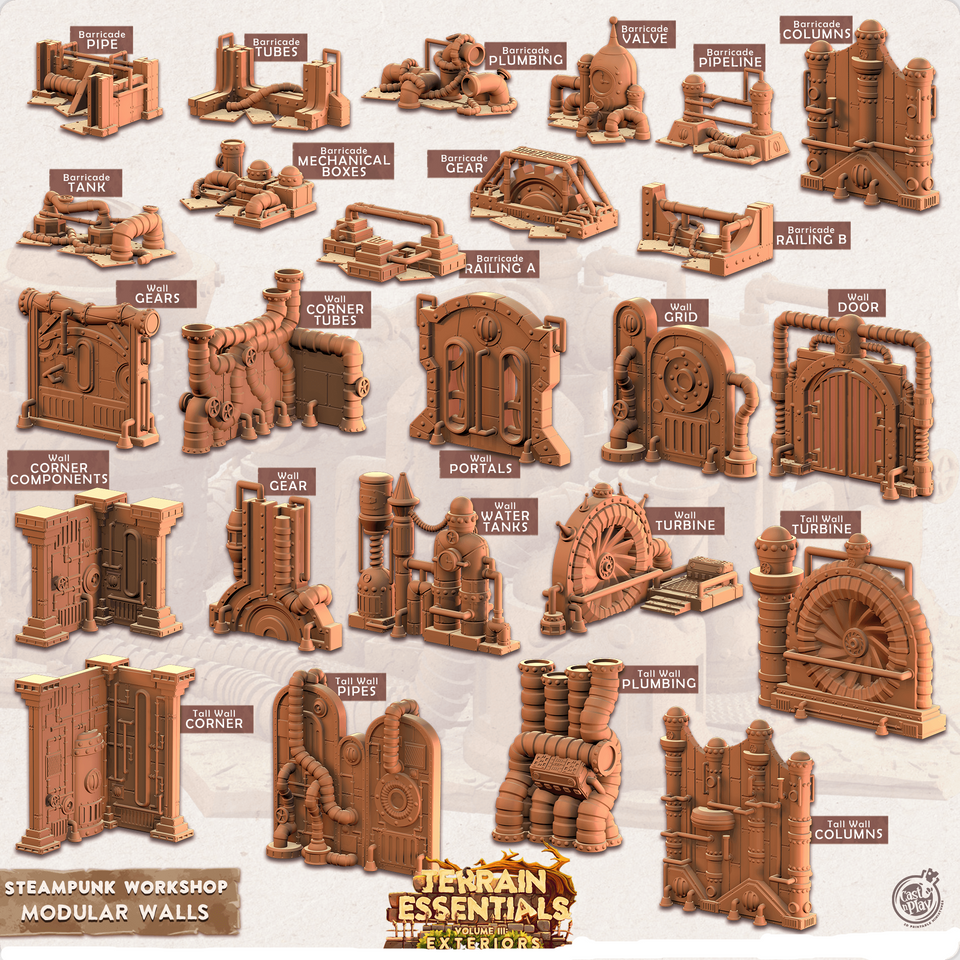 3D Printed Cast n Play Terrain Essentials - Steampunk Workshop Modular Walls 28mm 32mm - Charming Terrain
