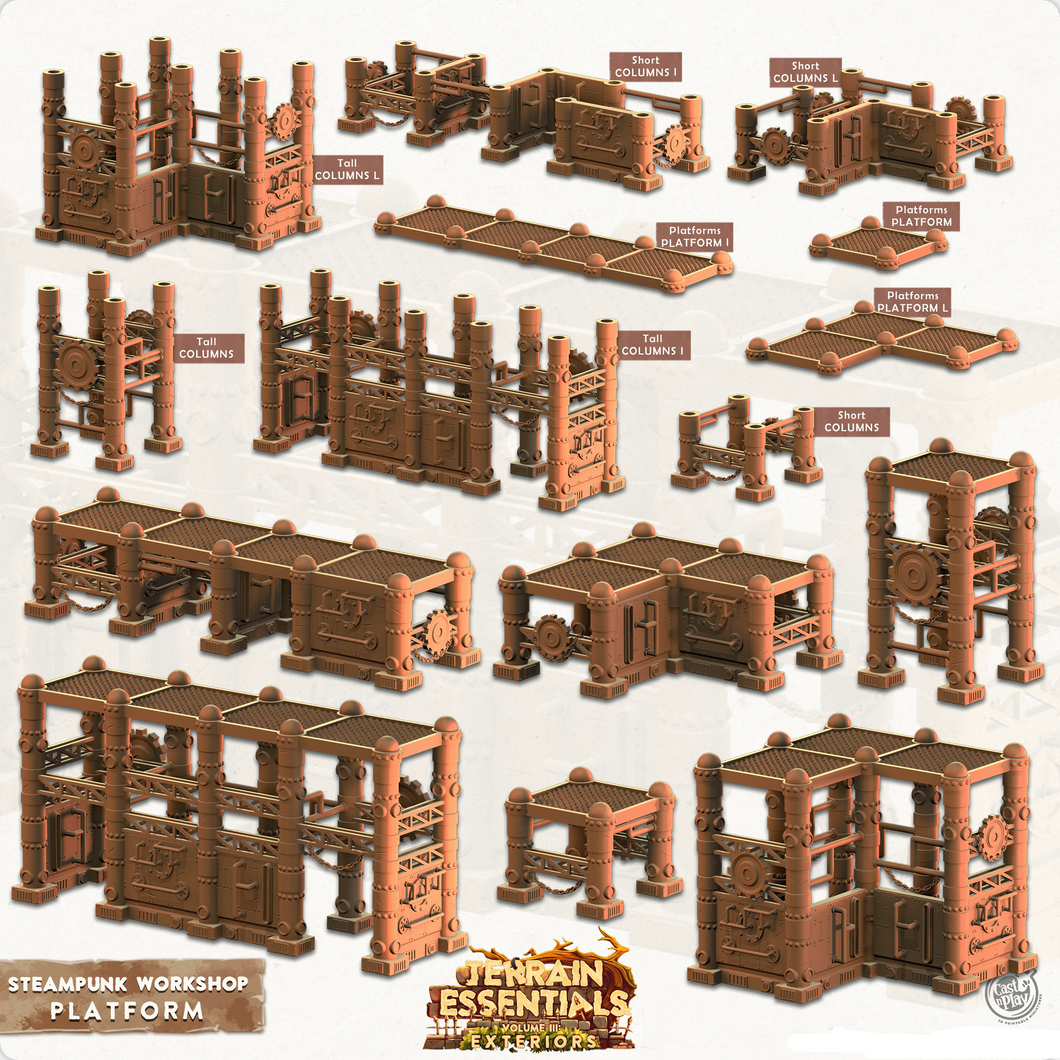 3D Printed Cast n Play Terrain Essentials - Steampunk Workshop Platforms 28mm 32mm - Charming Terrain